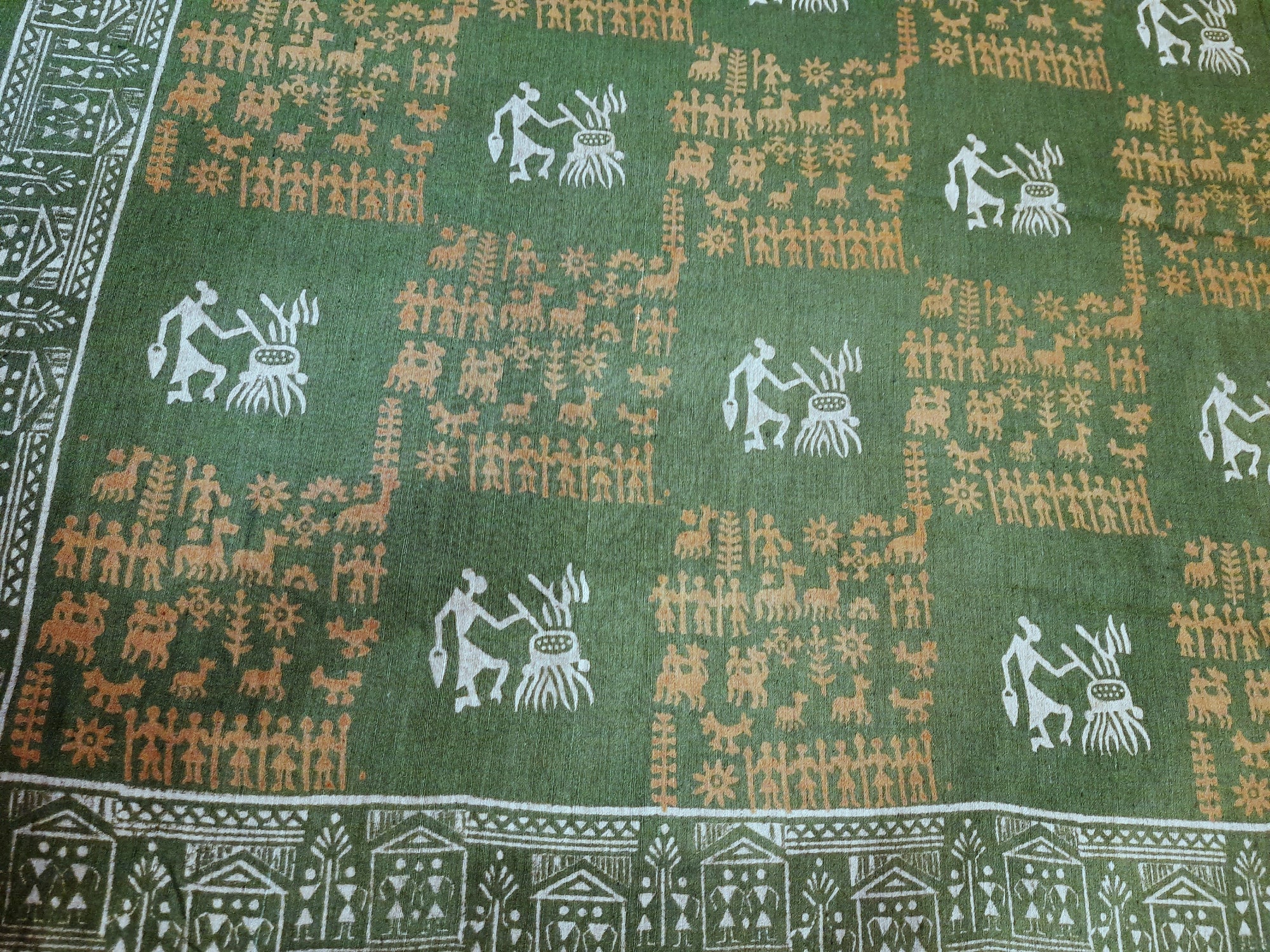 Green Tussar Silk Dupatta with hand block print