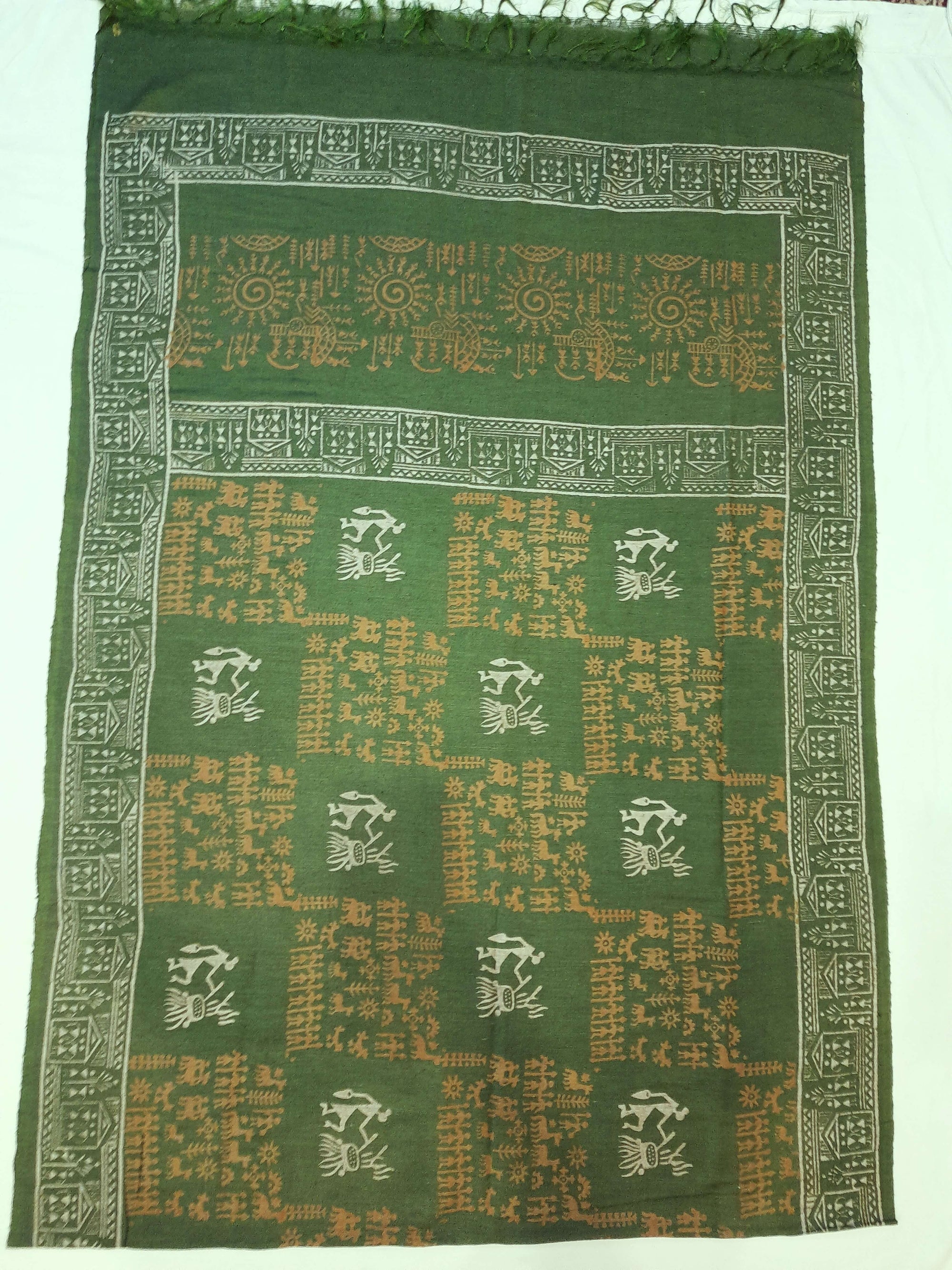 Green Tussar Silk Dupatta with hand block print