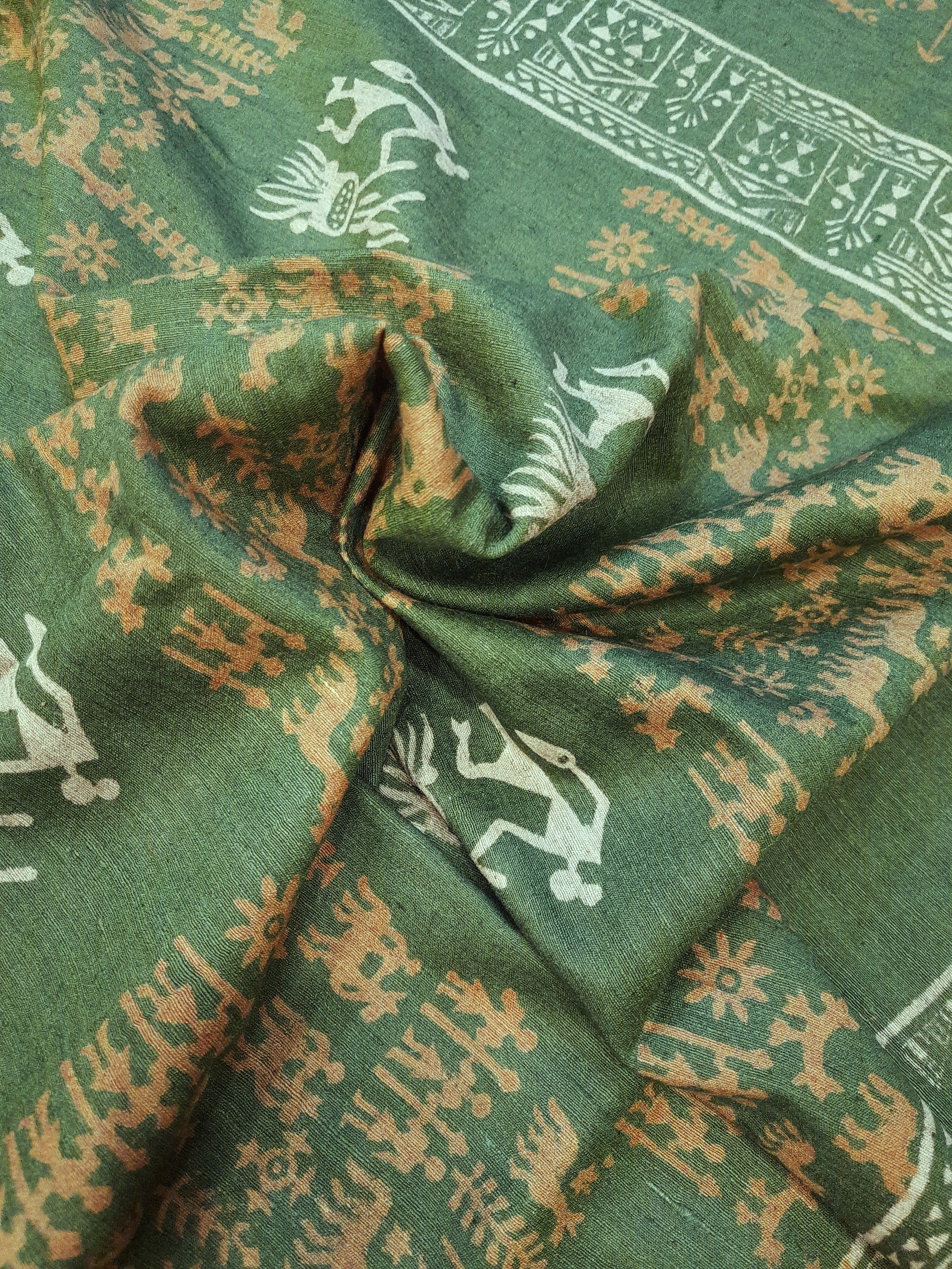 Green Tussar Silk Dupatta with hand block print