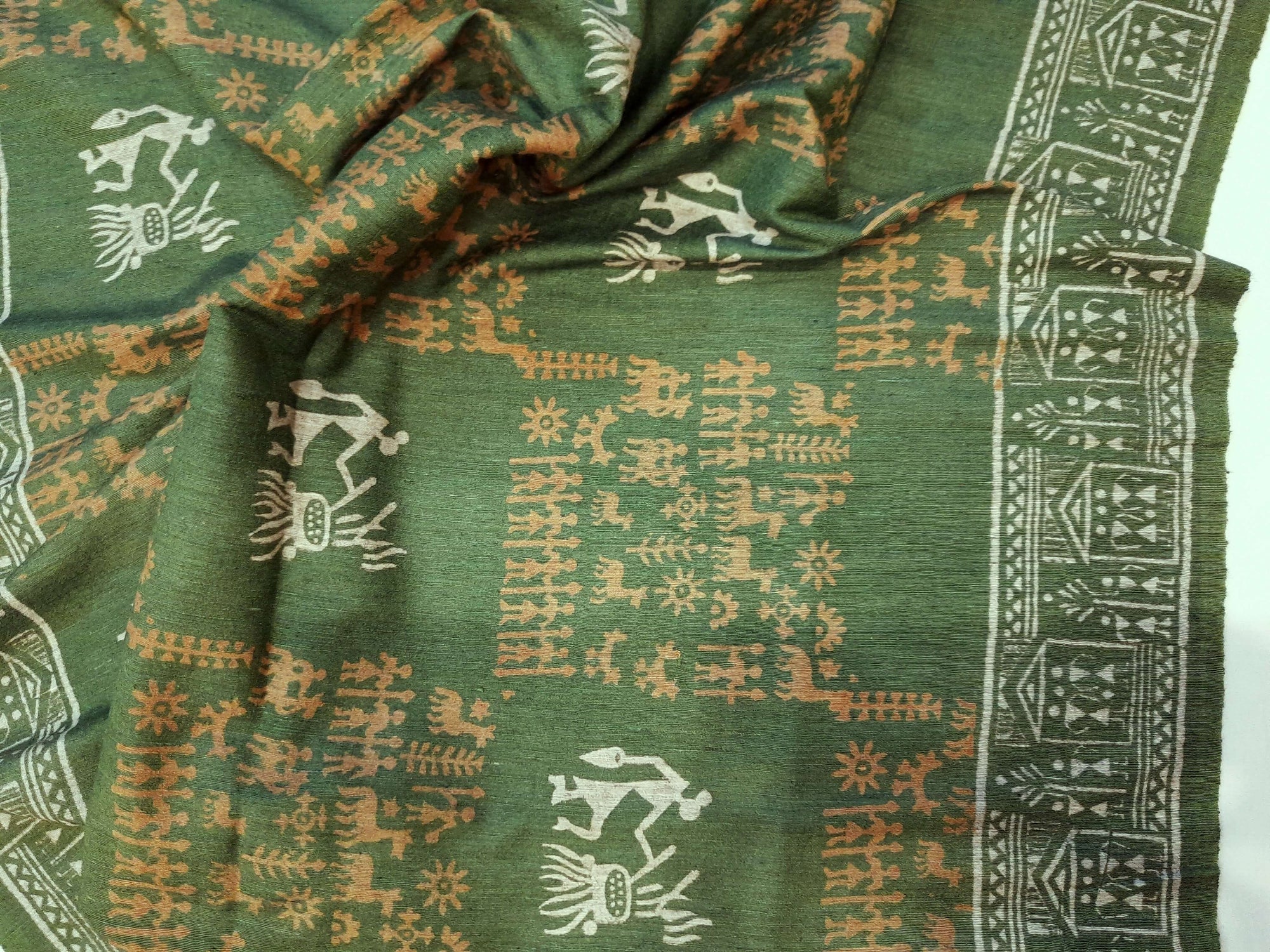 Green Tussar Silk Dupatta with hand block print