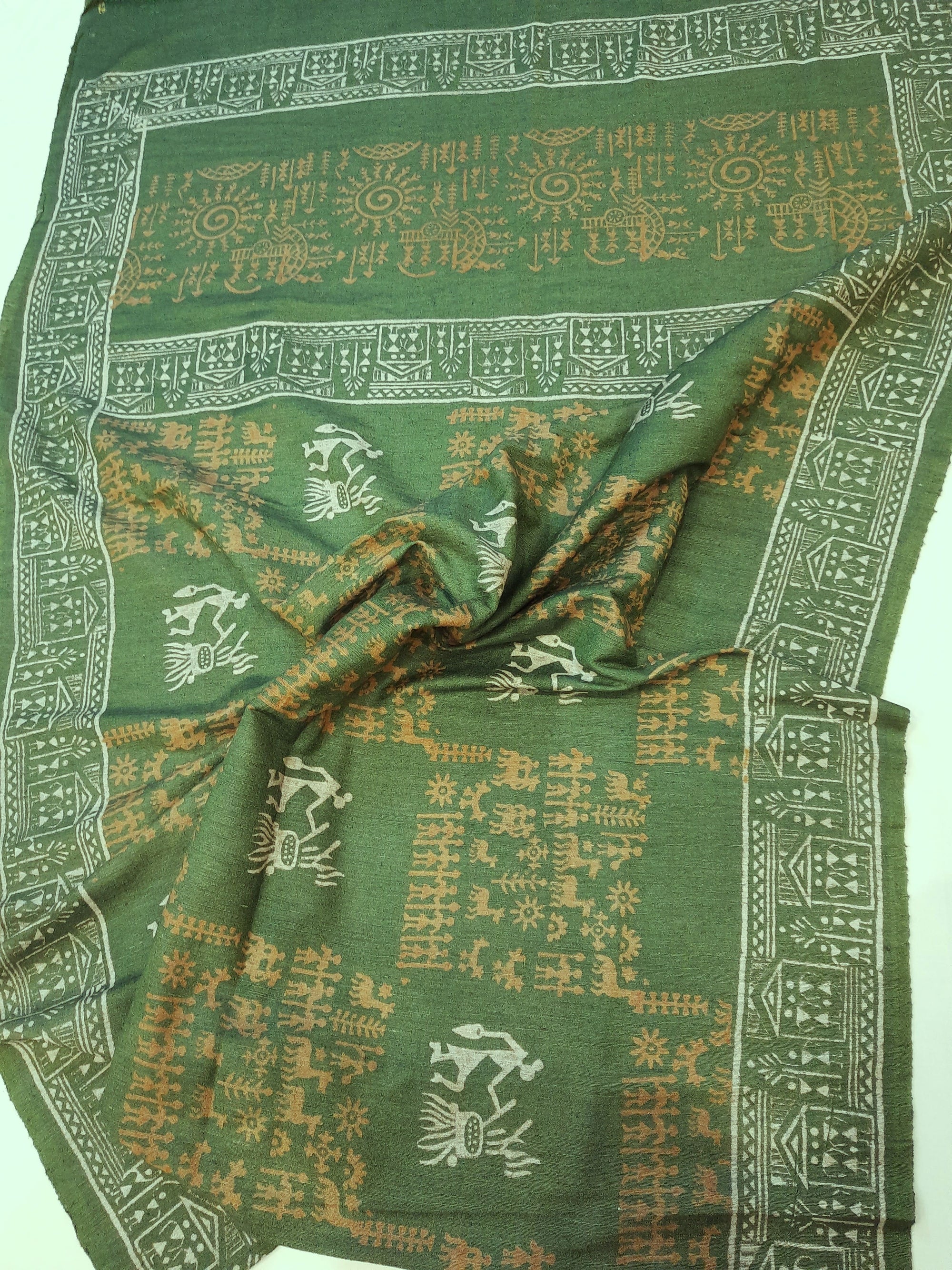 Green Tussar Silk Dupatta with hand block print
