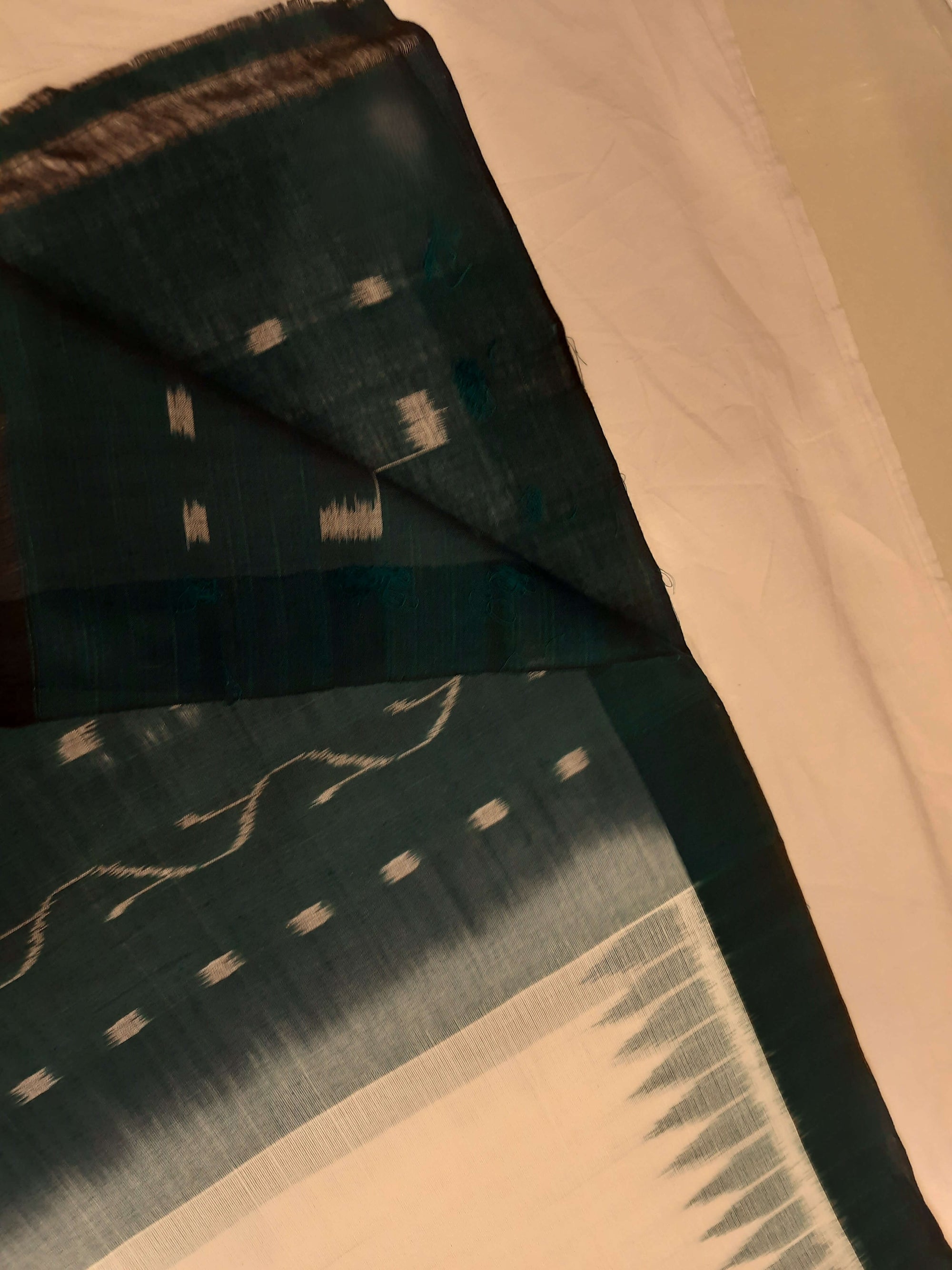 White with Green Odisha Cotton Ikat Dupatta