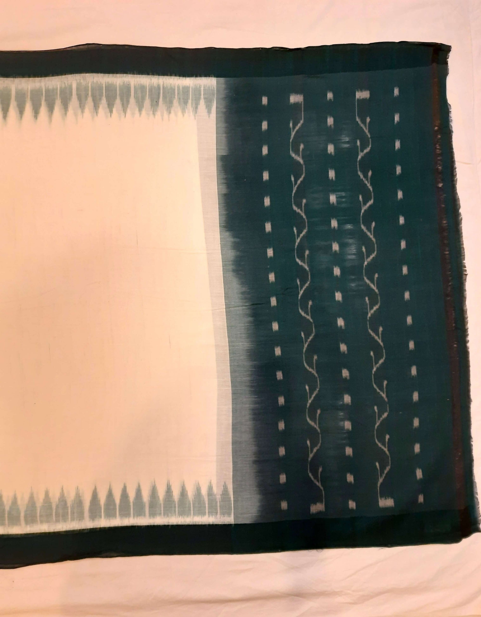 White with Green Odisha Cotton Ikat Dupatta