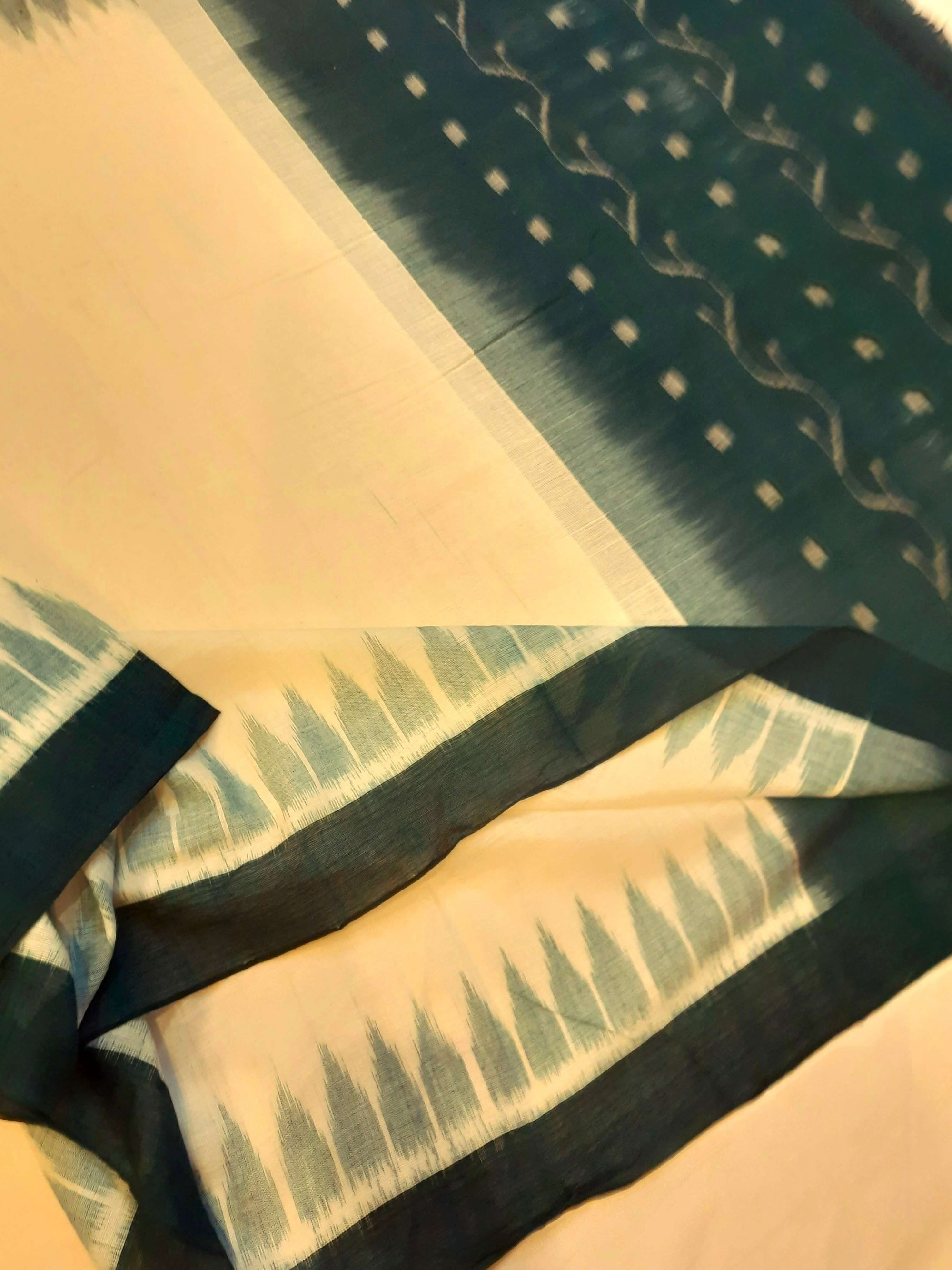 White with Green Odisha Cotton Ikat Dupatta