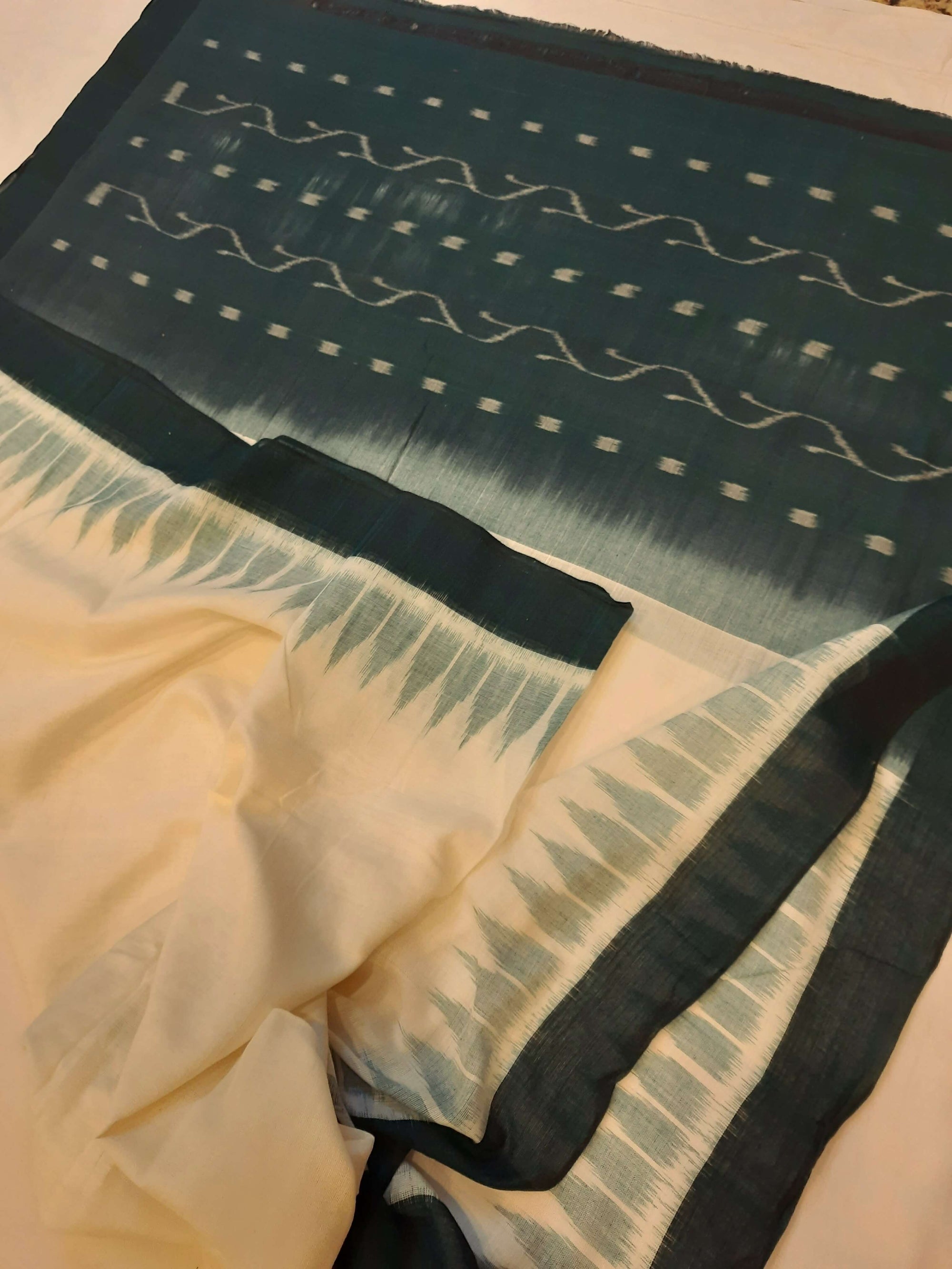 White with Green Odisha Cotton Ikat Dupatta