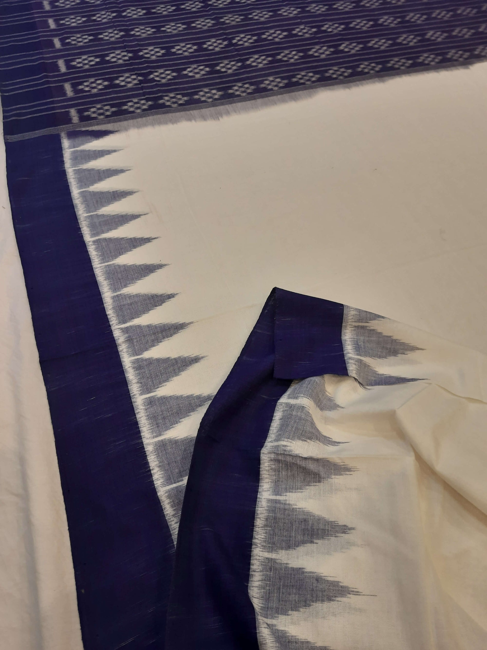 White and Blue Odisha Ikat saree with cotton ikat blouse piece