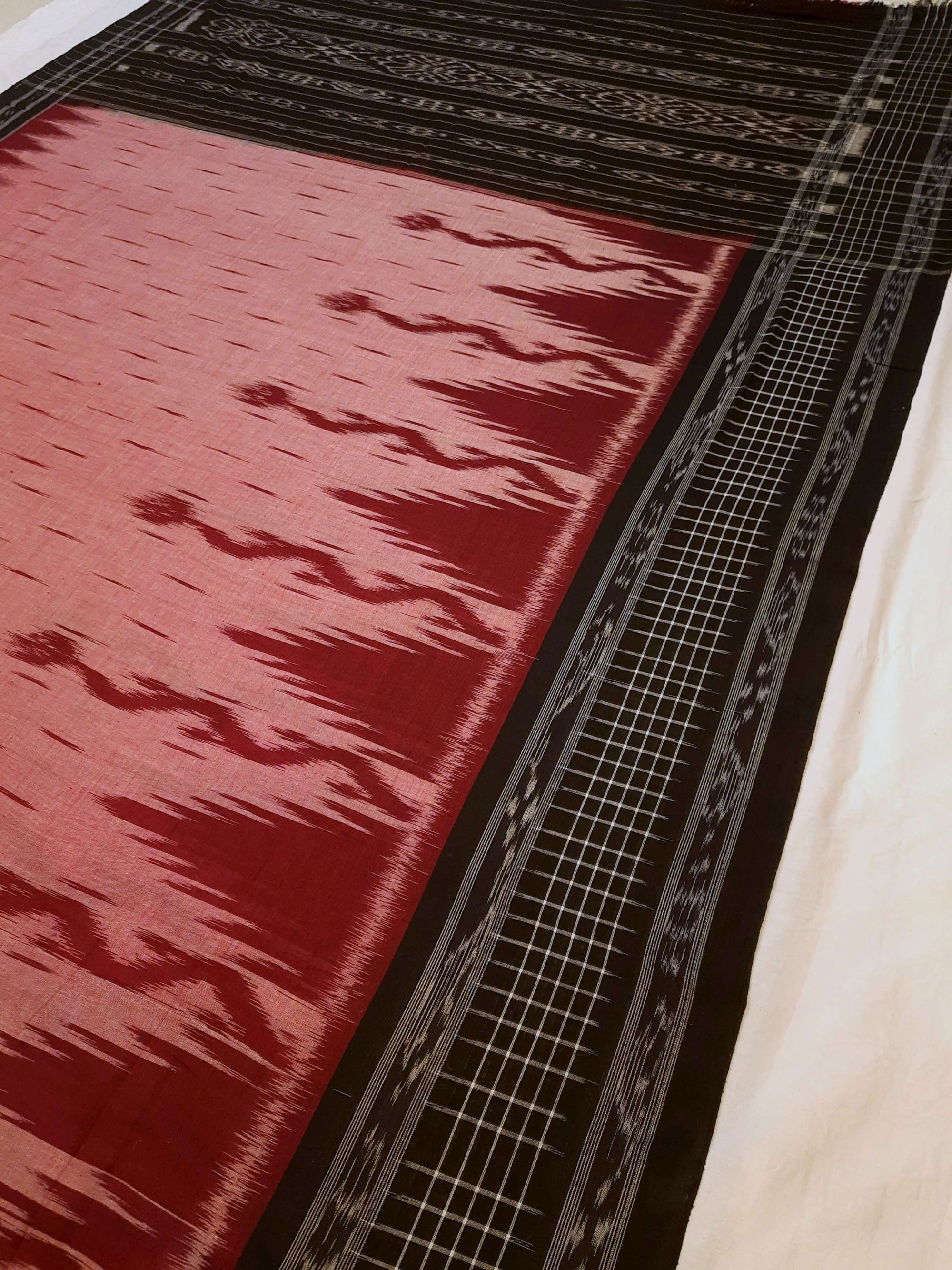 Pink with Black wide border Cotton Odisha Ikat saree with mix match cotton ikat blouse