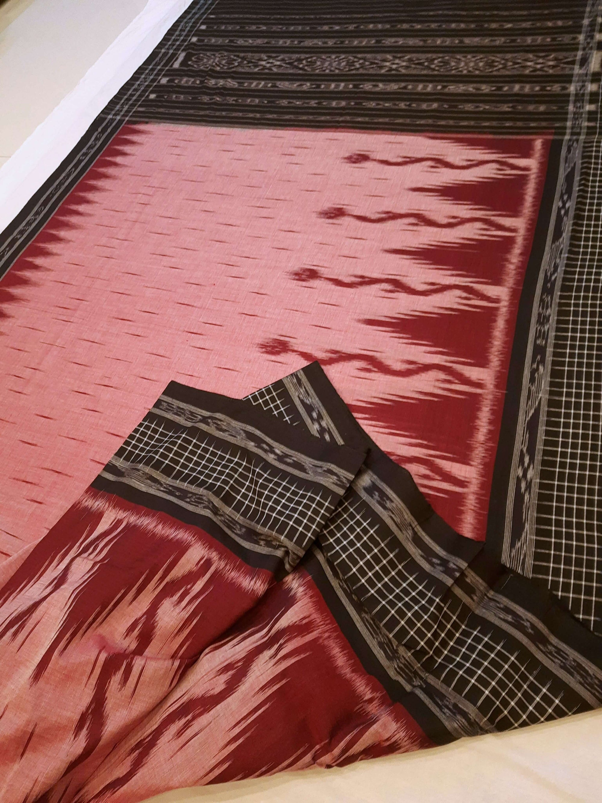 Pink with Black wide border Cotton Odisha Ikat saree with mix match cotton ikat blouse