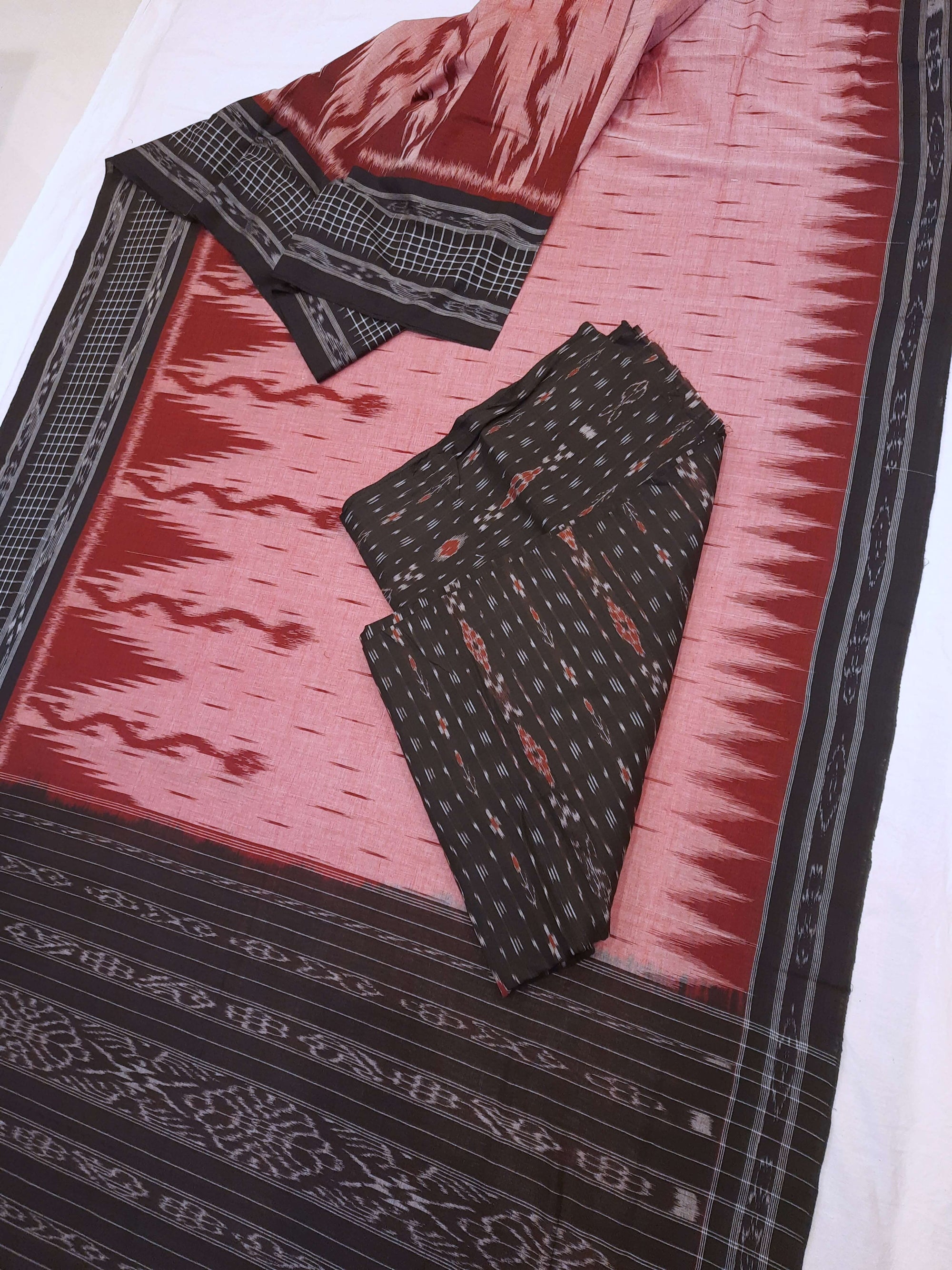 Pink with Black wide border Cotton Odisha Ikat saree with mix match cotton ikat blouse