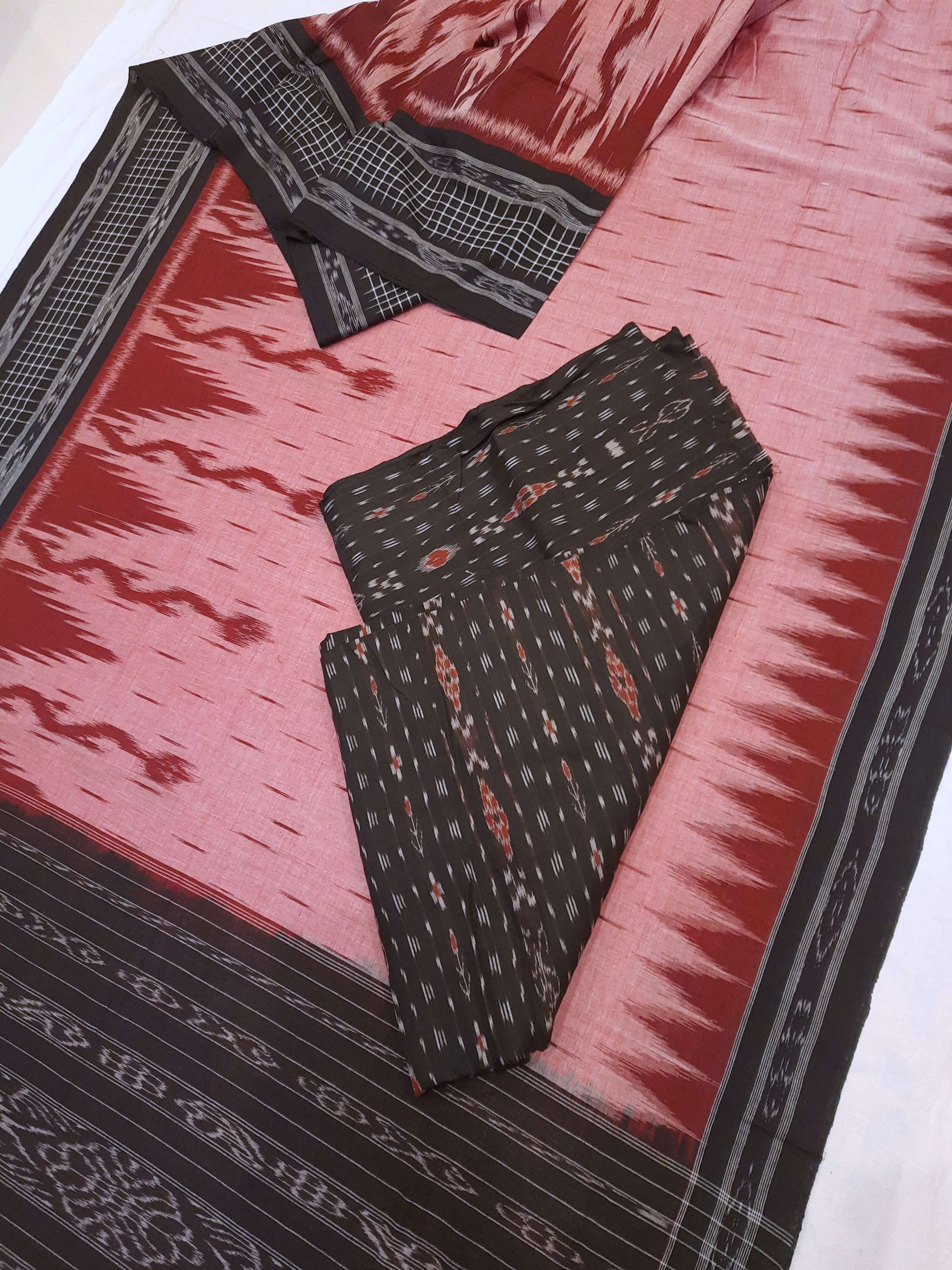 Pink with Black wide border Cotton Odisha Ikat saree with mix match cotton ikat blouse