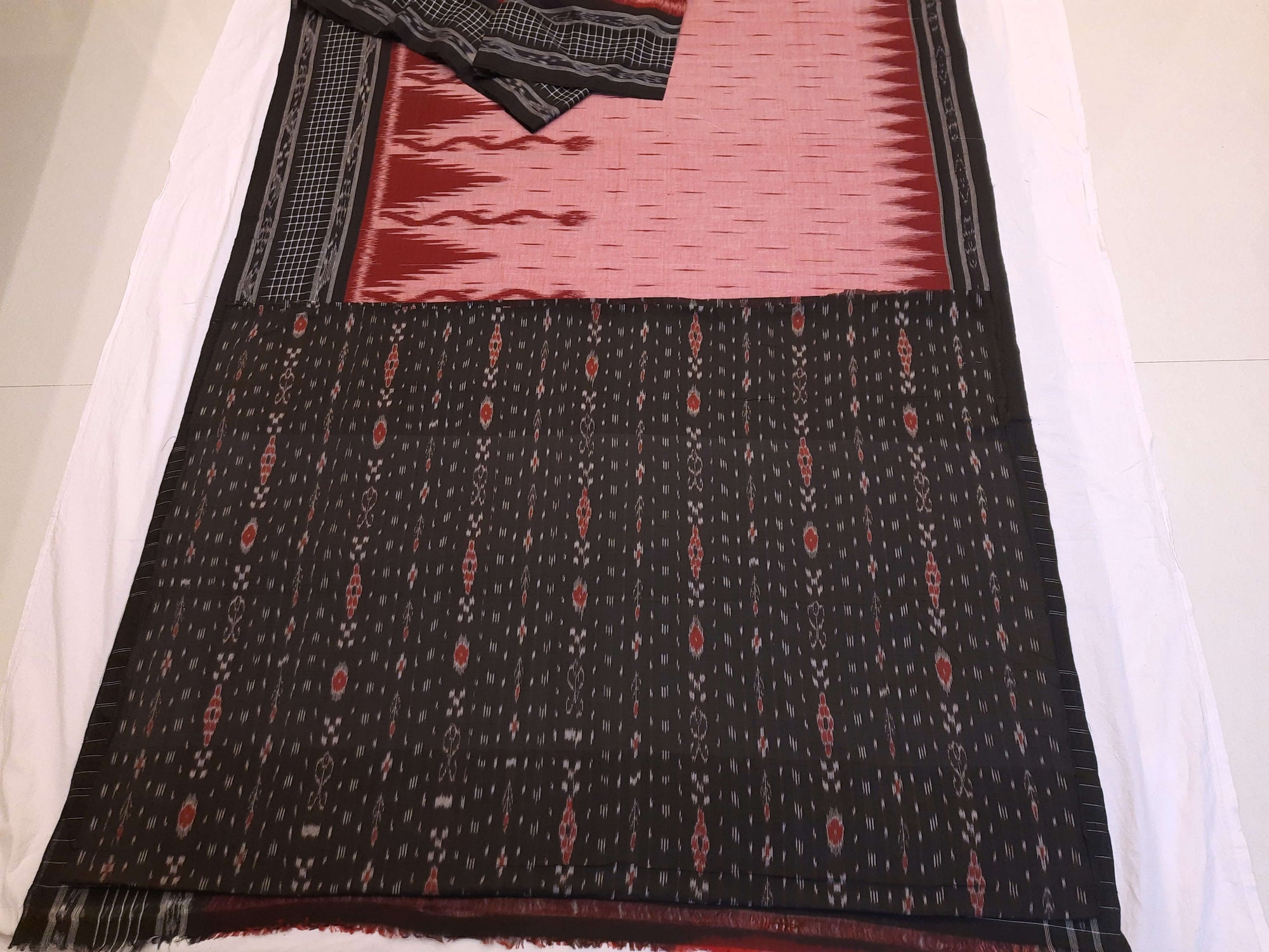 Pink with Black wide border Cotton Odisha Ikat saree with mix match cotton ikat blouse