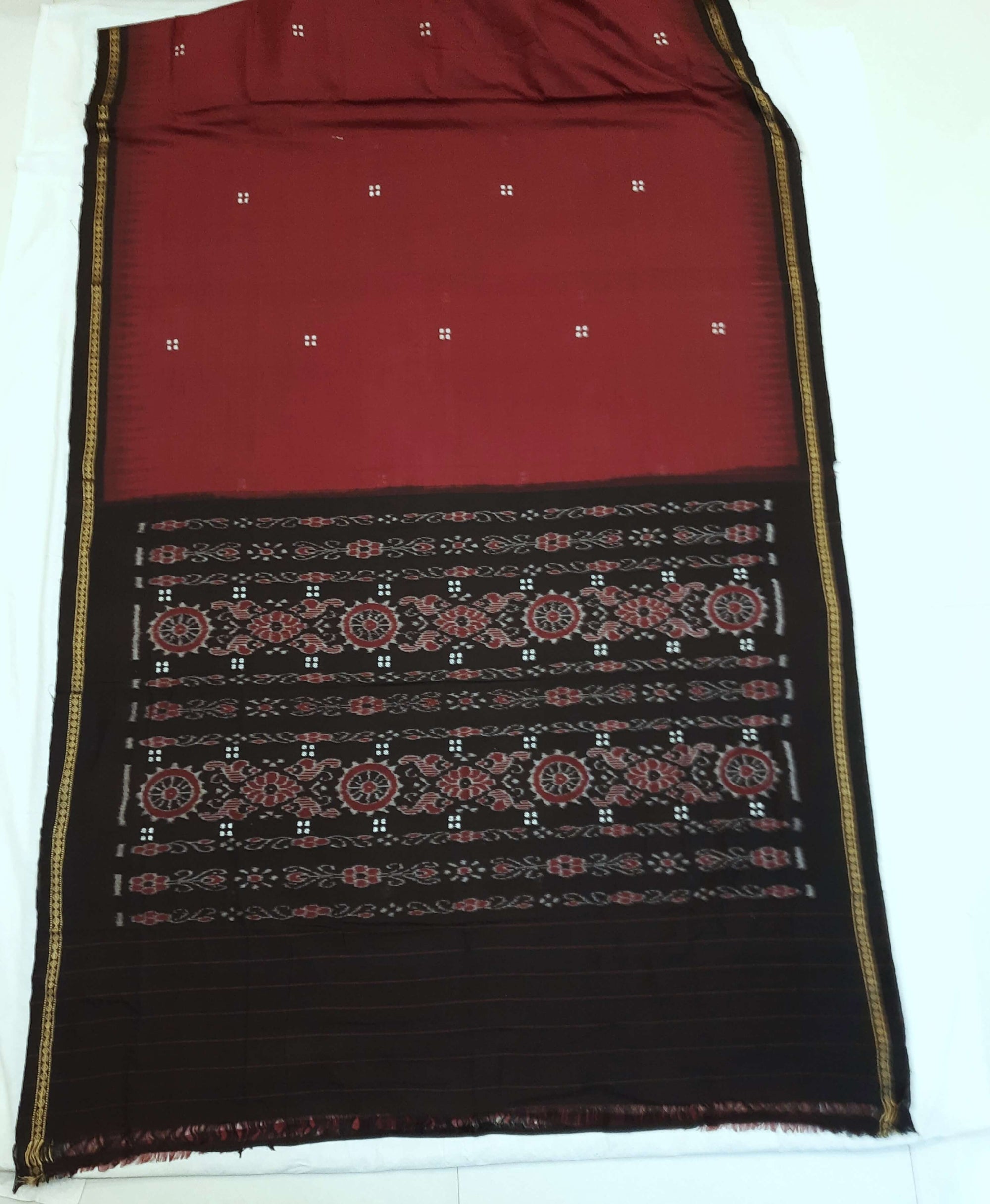 Maroon Cotton Odisha Ikat saree with mix match cotton ikat blouse