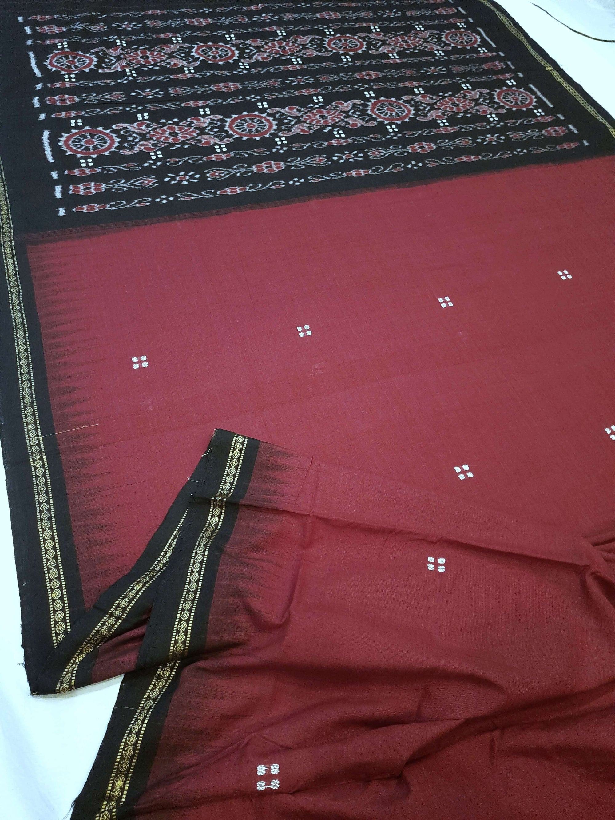 Maroon Cotton Odisha Ikat saree with mix match cotton ikat blouse