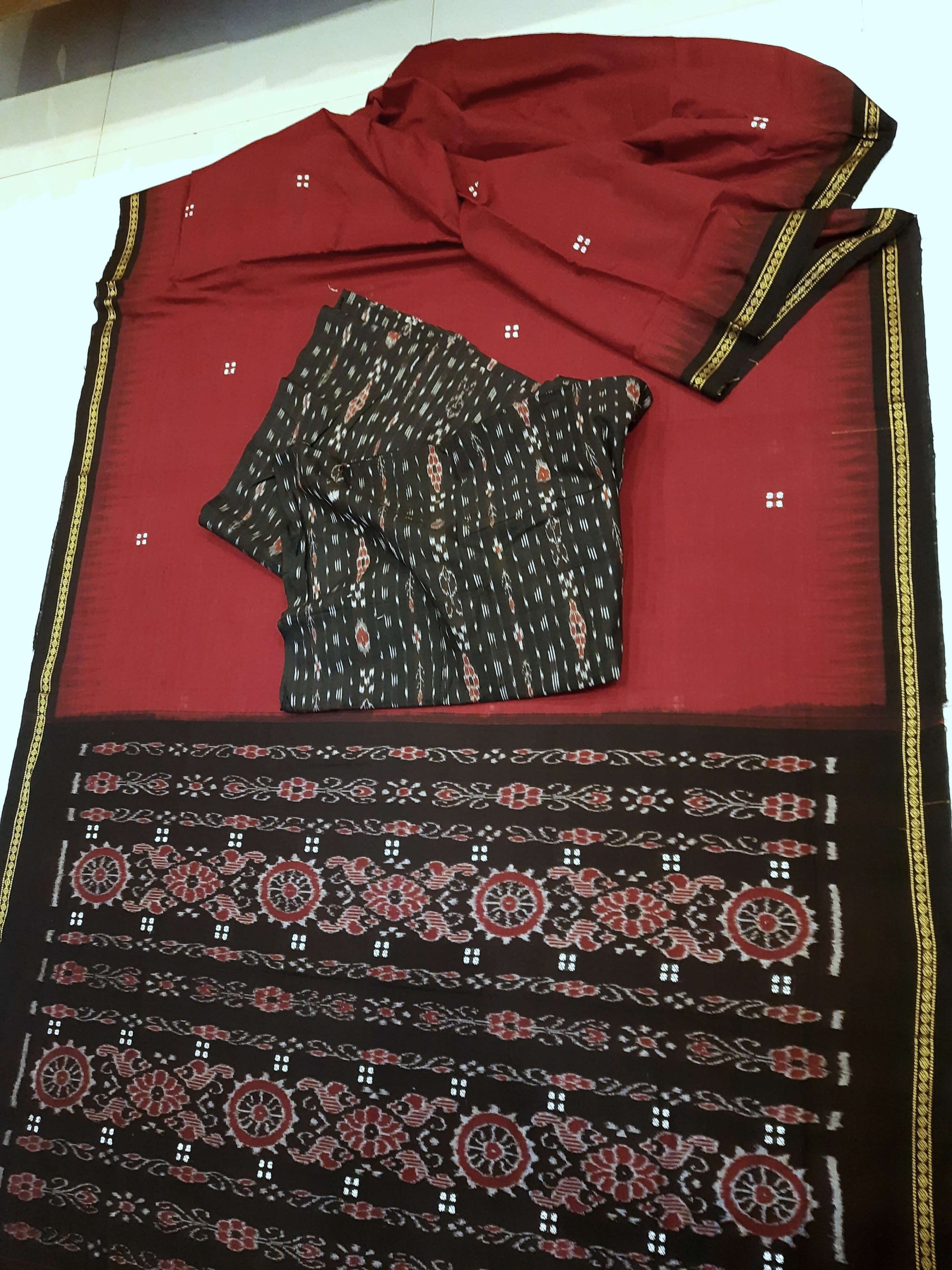 Maroon Cotton Odisha Ikat saree with mix match cotton ikat blouse