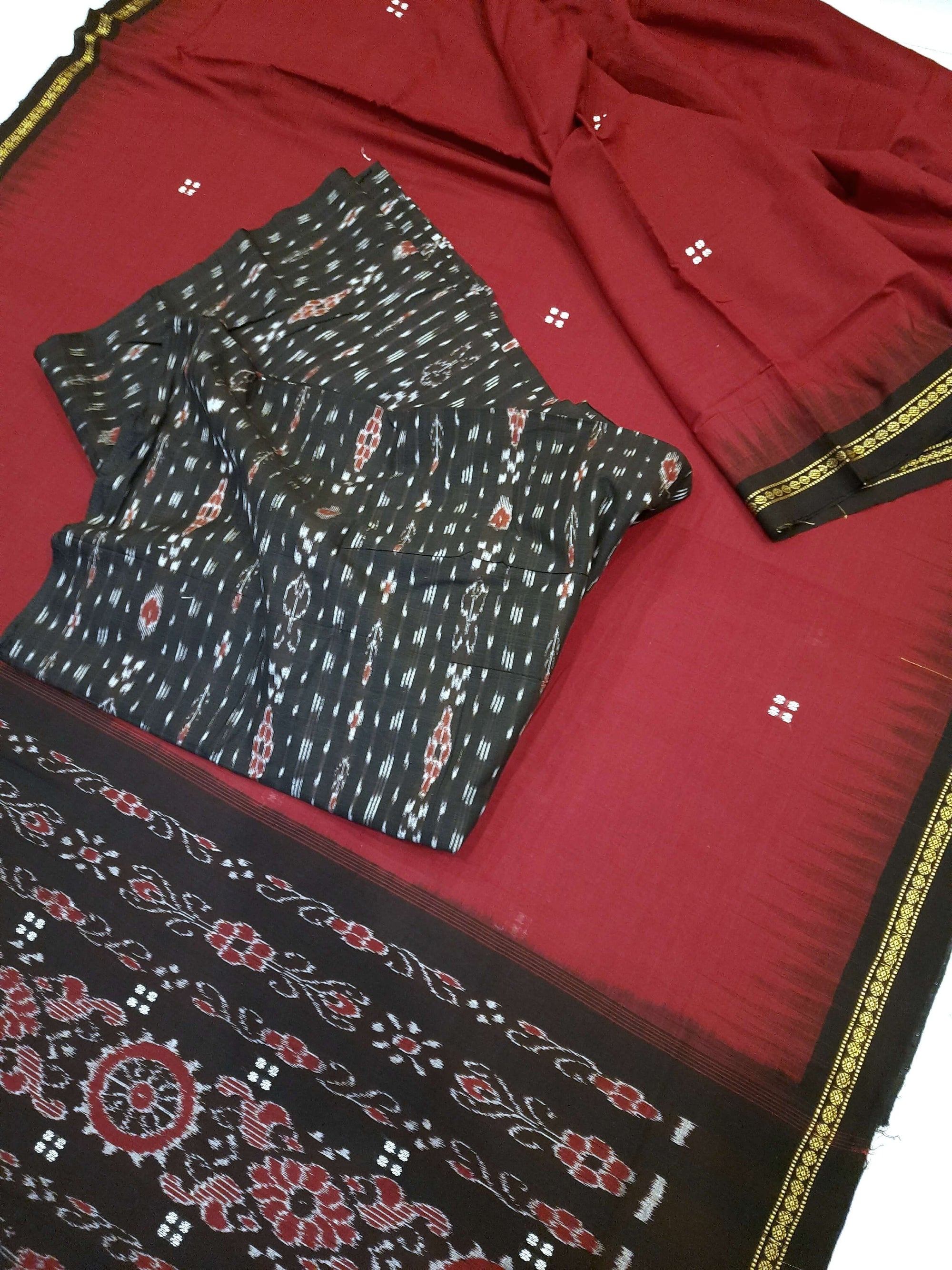 Maroon Cotton Odisha Ikat saree with mix match cotton ikat blouse
