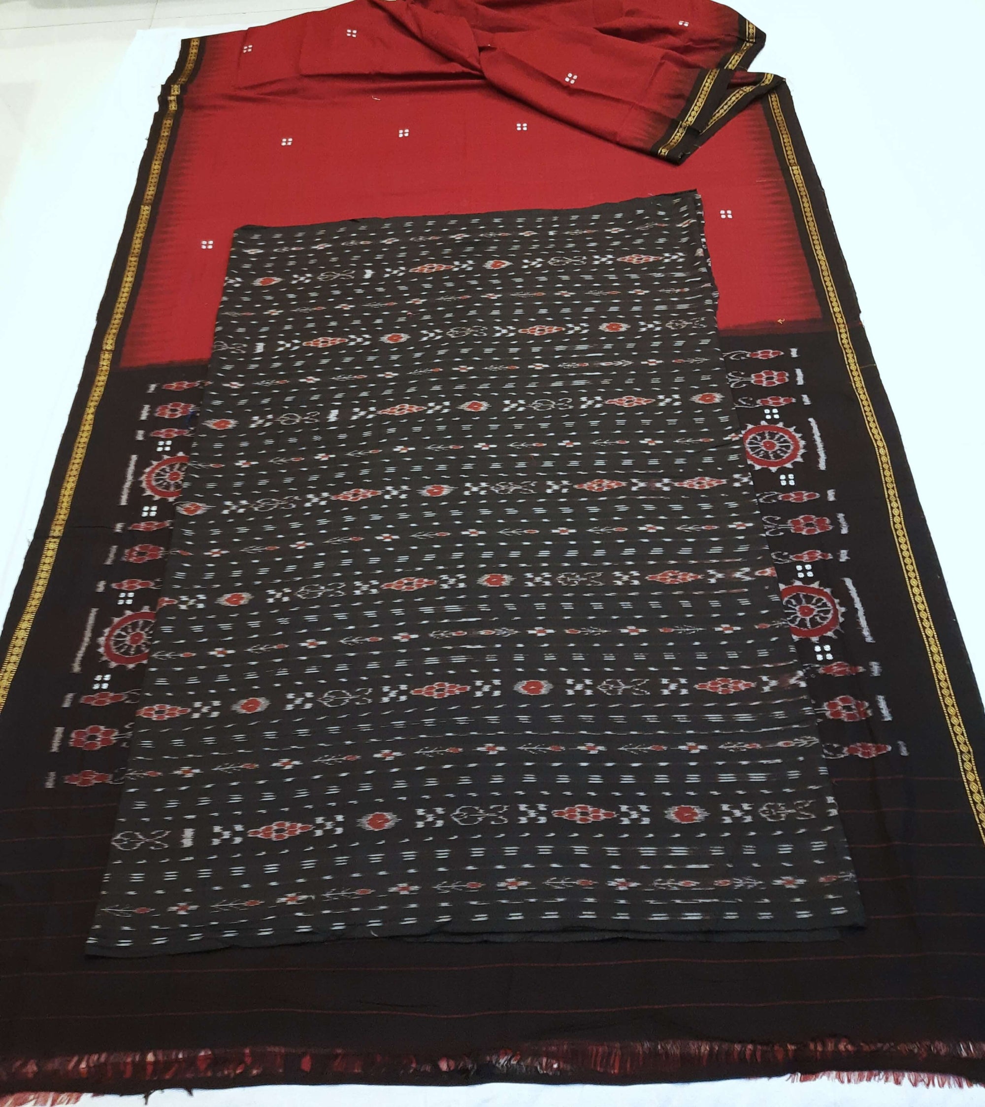 Maroon Cotton Odisha Ikat saree with mix match cotton ikat blouse