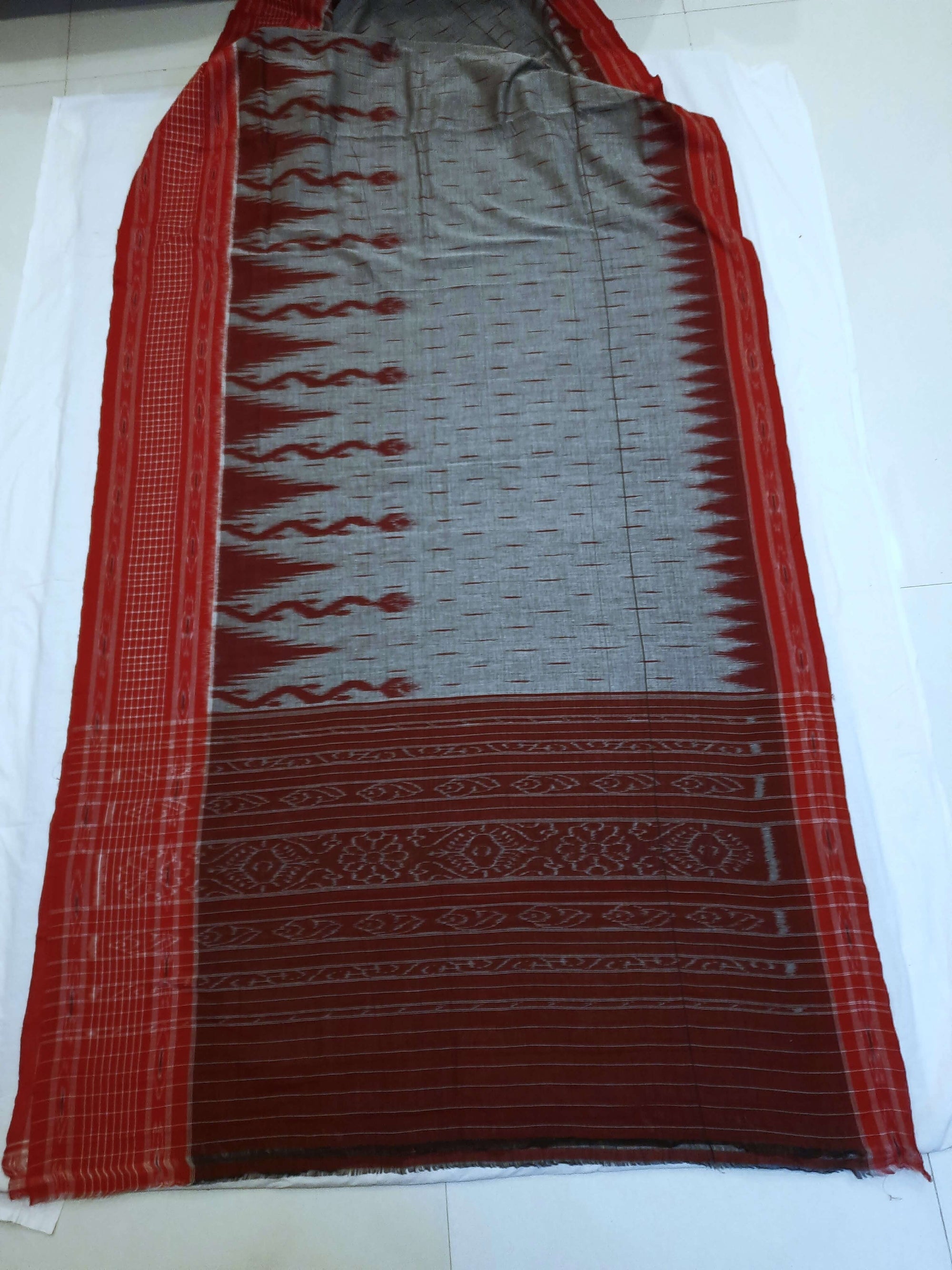 Grey with Red wide border Cotton Odisha Ikat saree with mix match cotton ikat blouse
