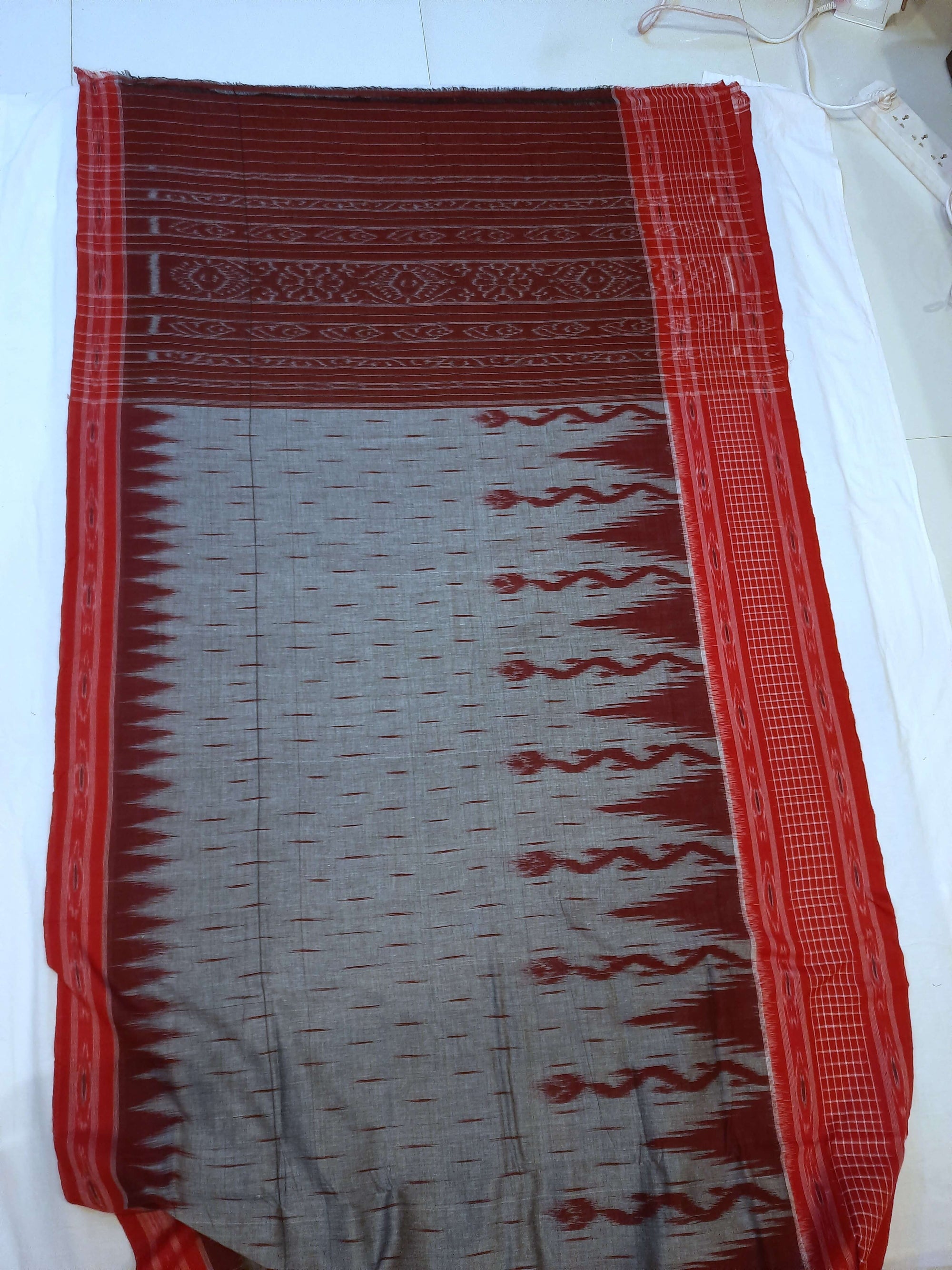 Grey with Red wide border Cotton Odisha Ikat saree with mix match cotton ikat blouse