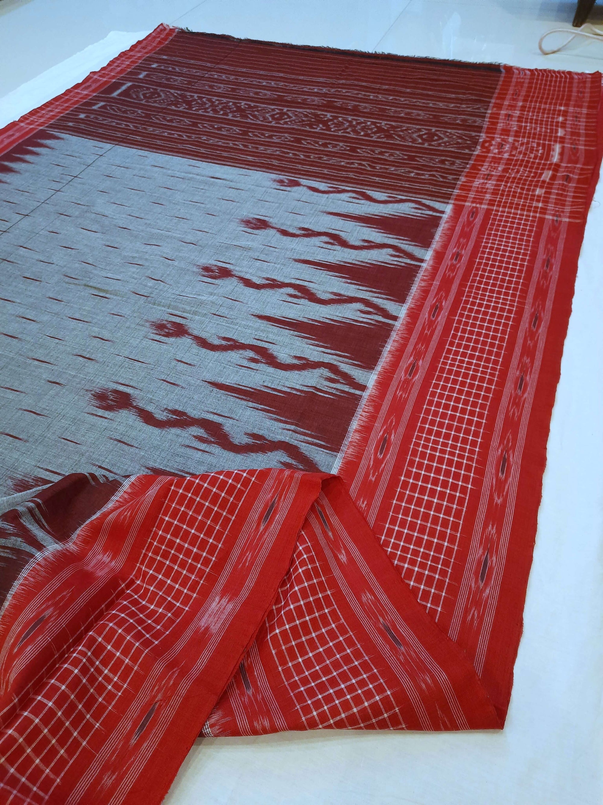 Grey with Red wide border Cotton Odisha Ikat saree with mix match cotton ikat blouse