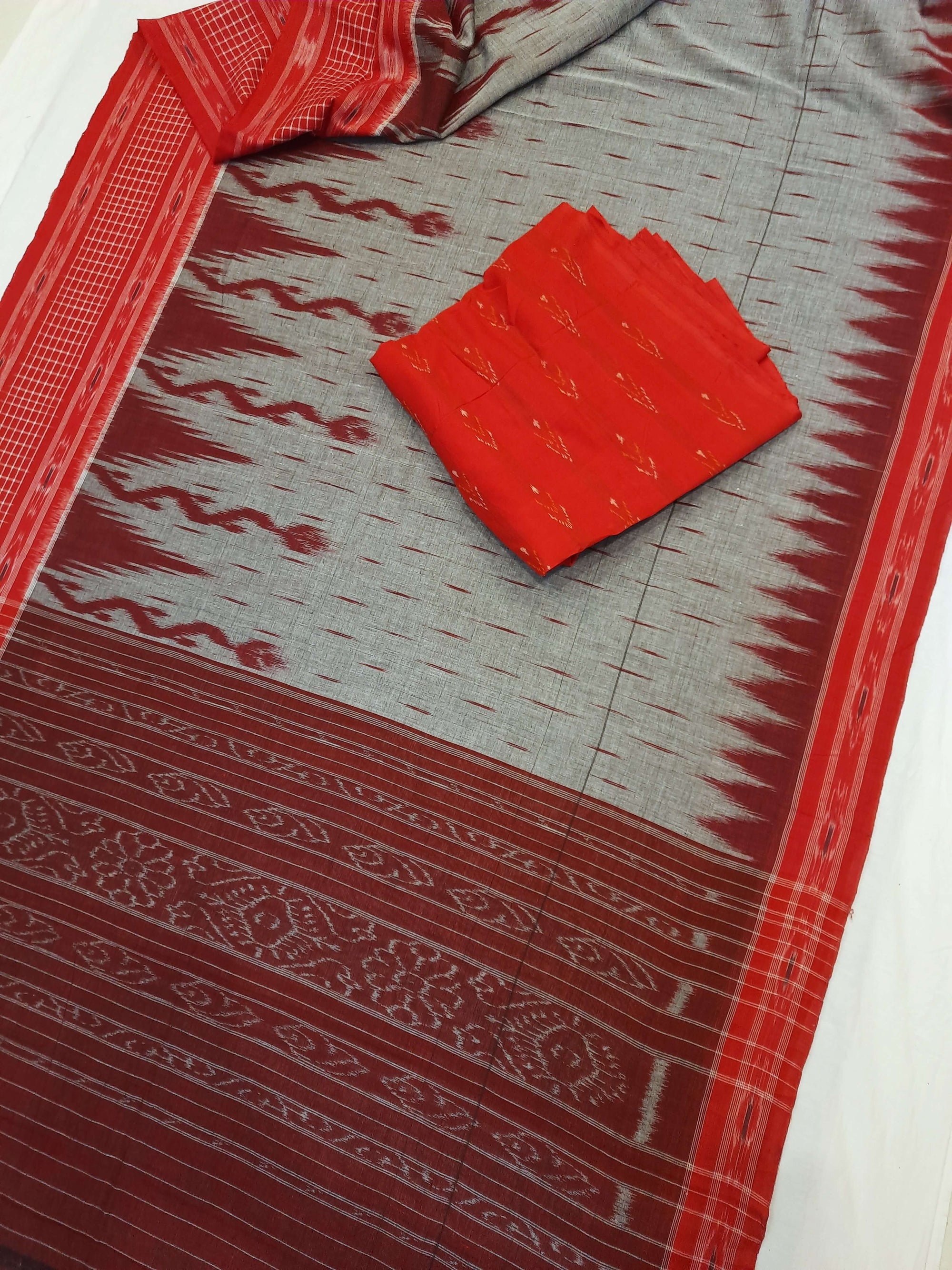 Grey with Red wide border Cotton Odisha Ikat saree with mix match cotton ikat blouse