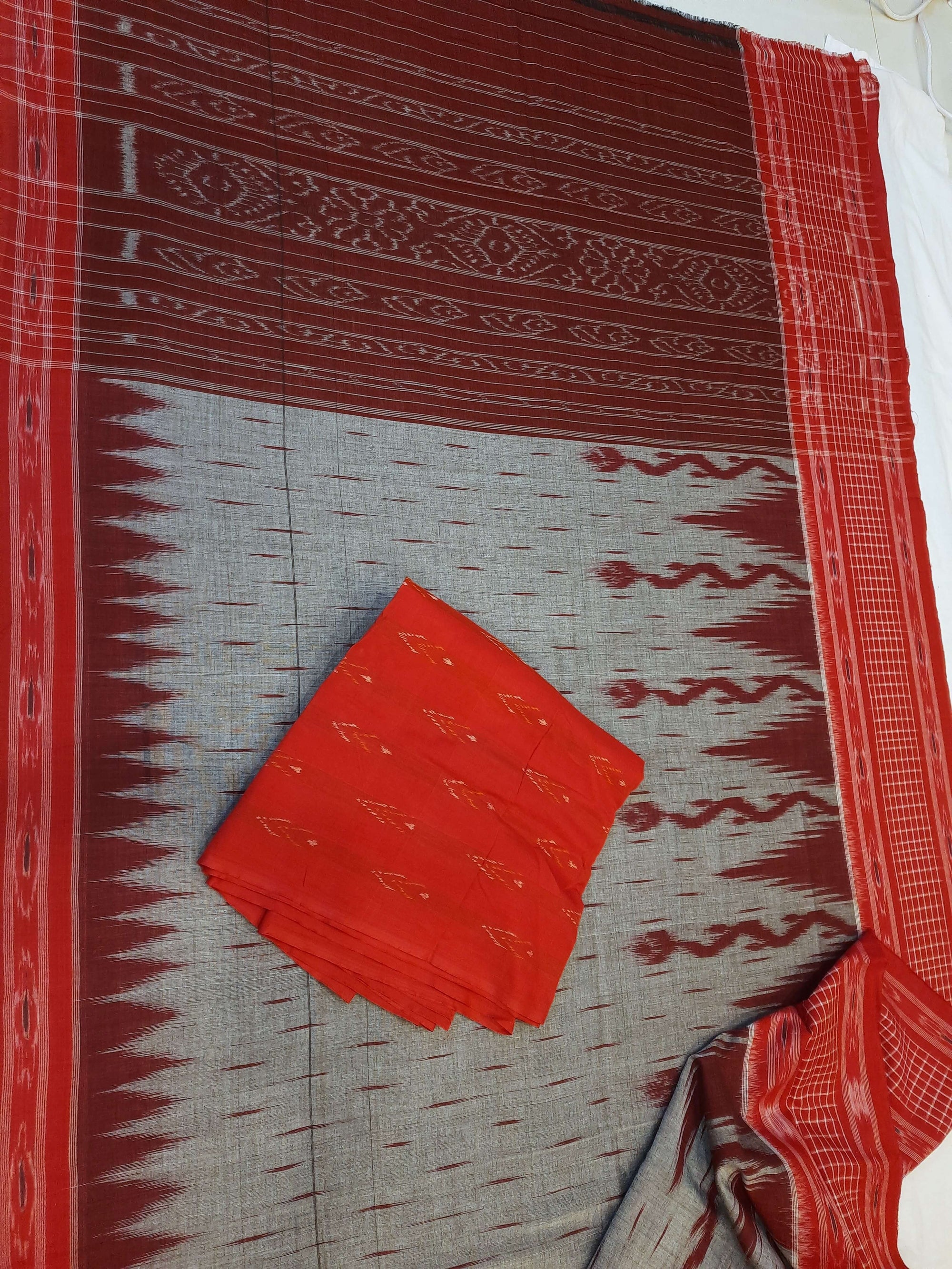 Grey with Red wide border Cotton Odisha Ikat saree with mix match cotton ikat blouse