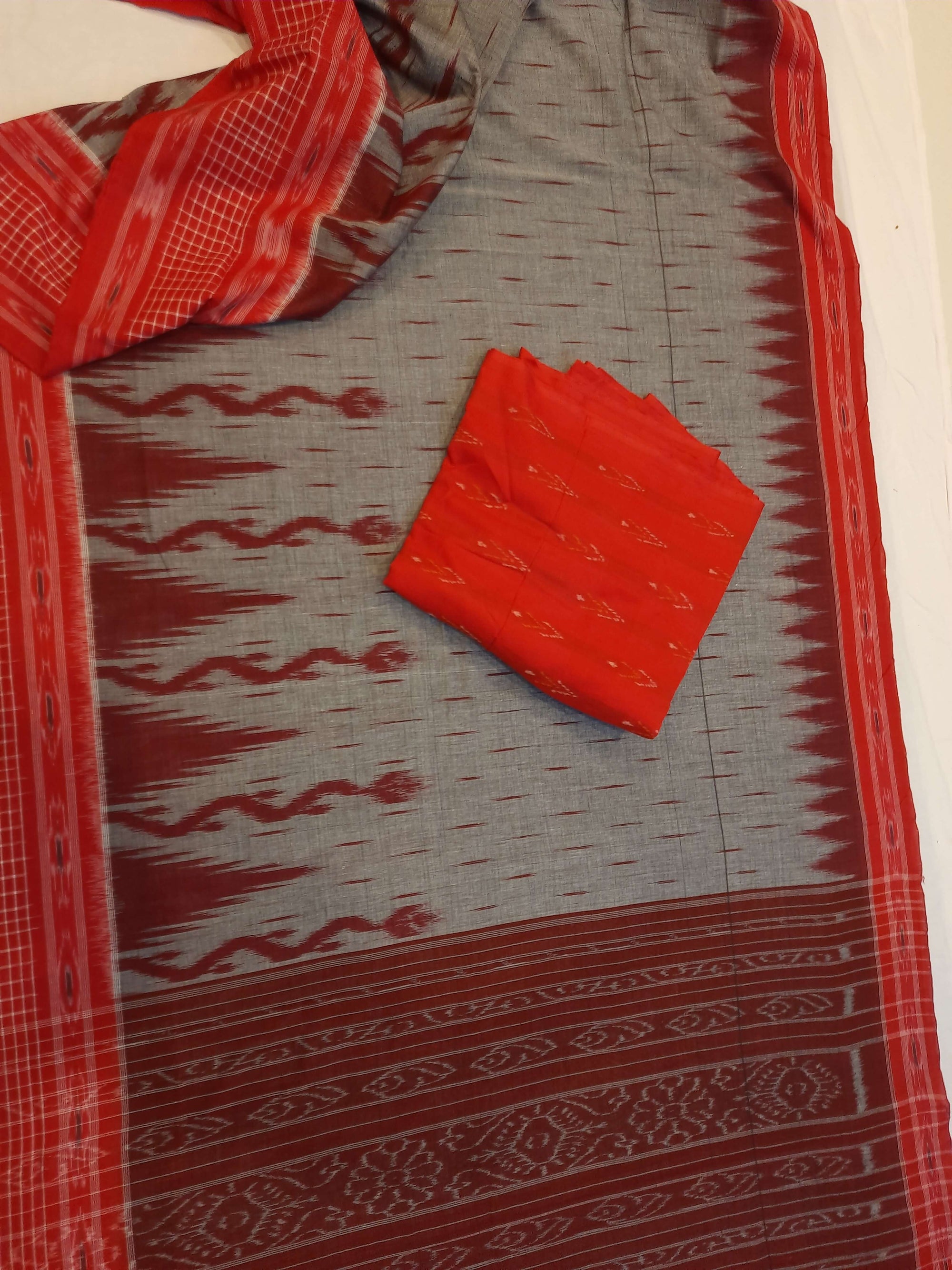 Grey with Red wide border Cotton Odisha Ikat saree with mix match cotton ikat blouse