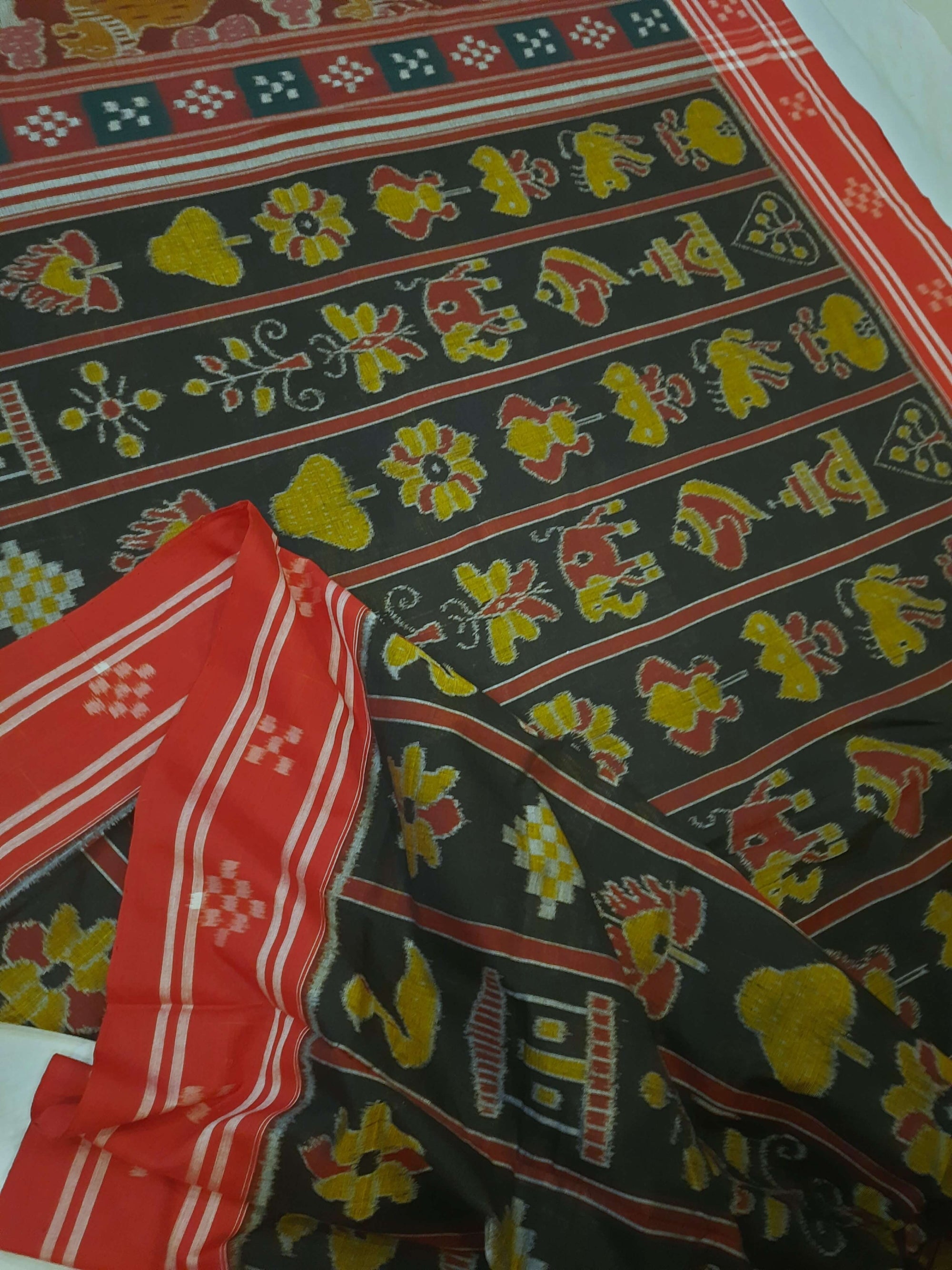 Black with Red colour cotton ikat Saree with mix match red cotton Ikat blouse