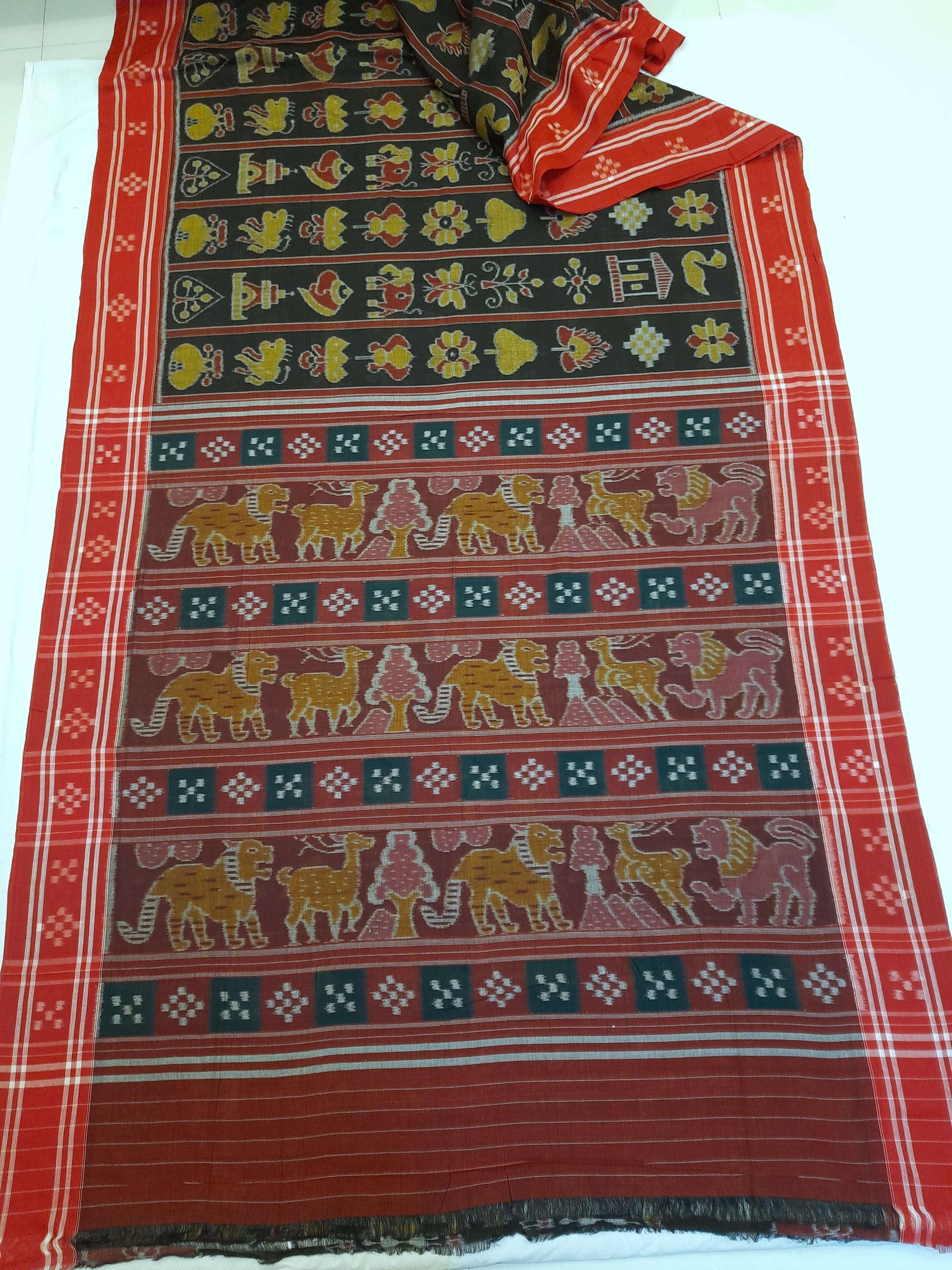 Black with Red colour cotton ikat Saree with mix match red cotton Ikat blouse