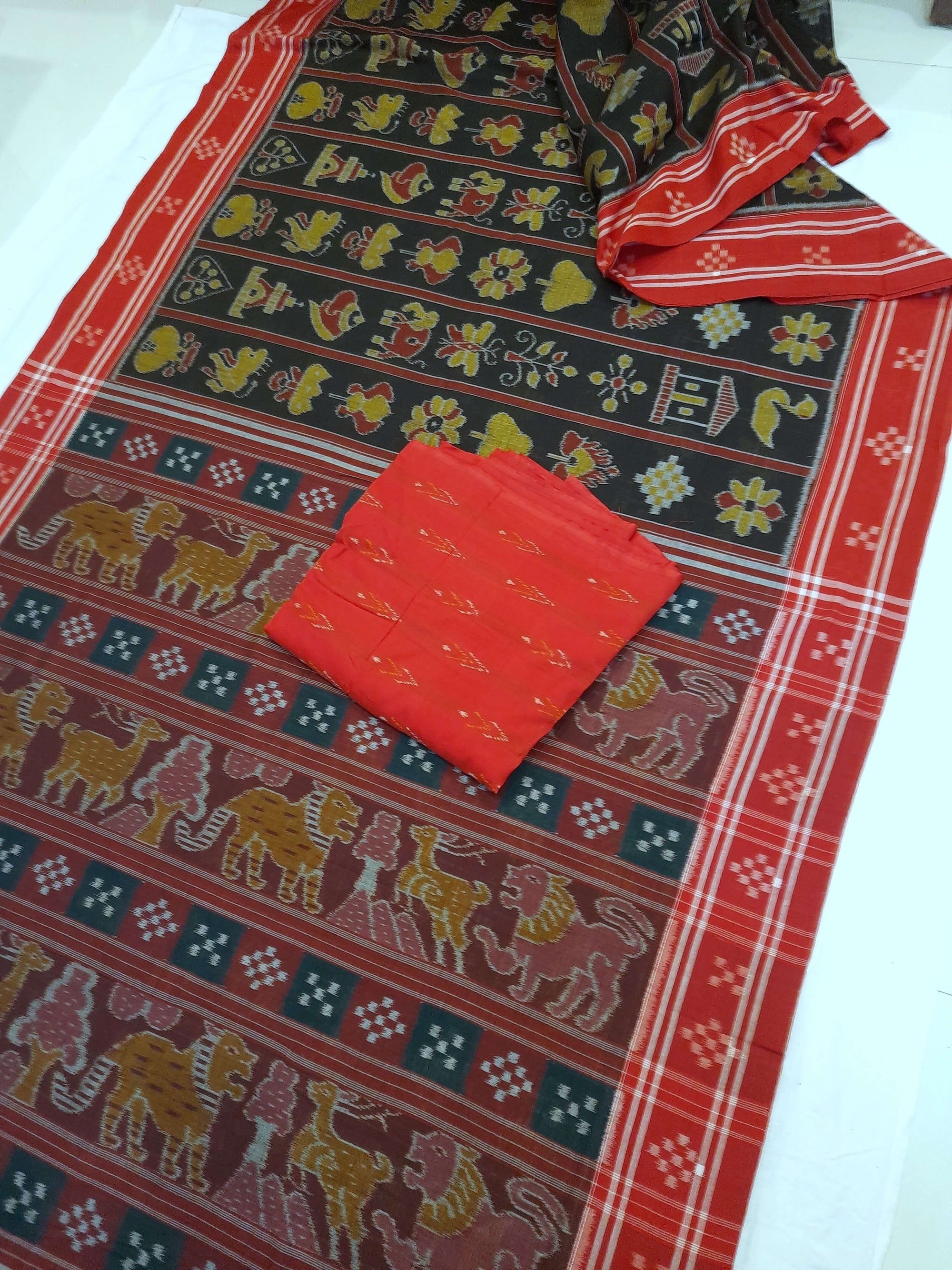 Black with Red colour cotton ikat Saree with mix match red cotton Ikat blouse