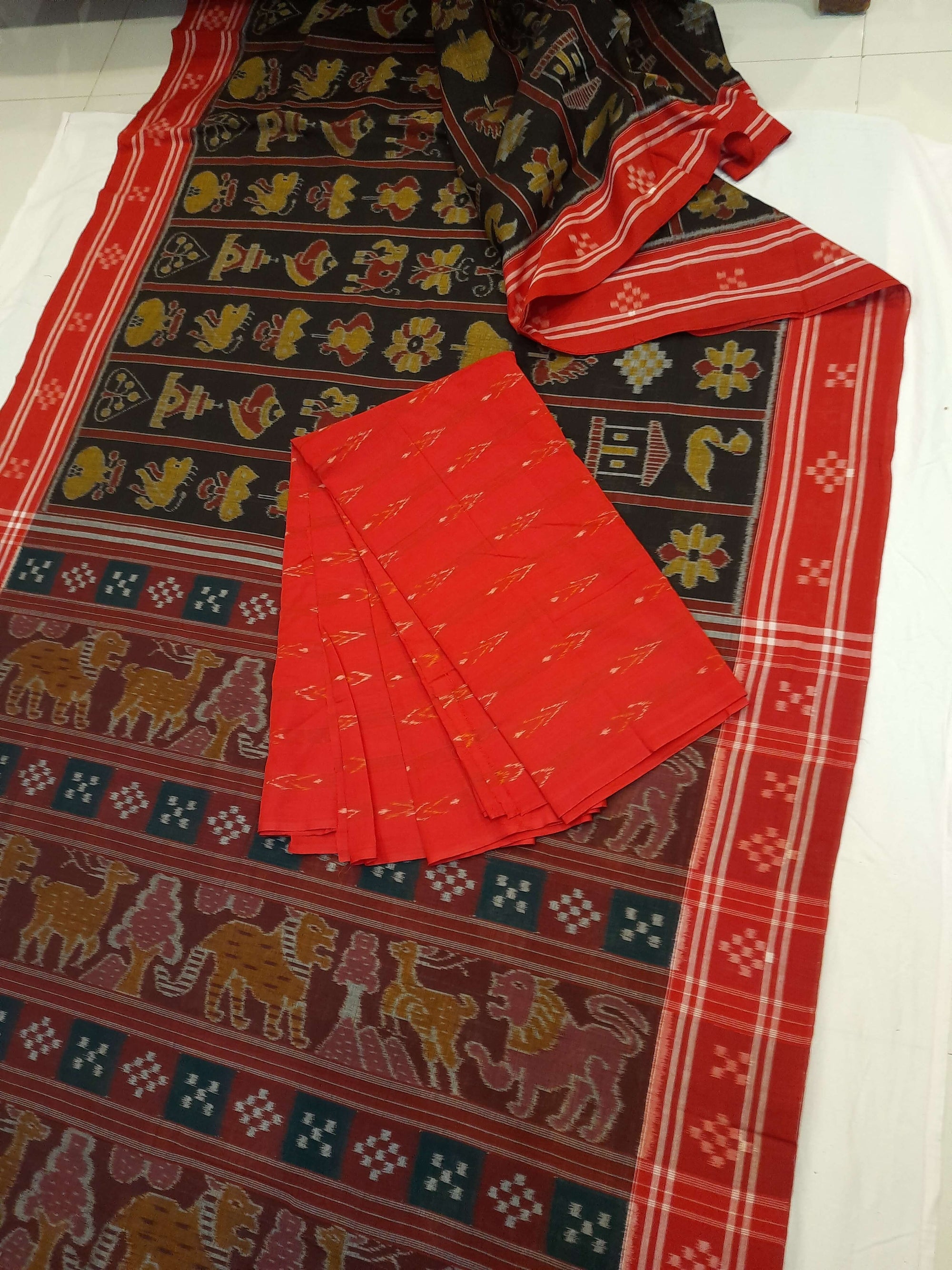 Black with Red colour cotton ikat Saree with mix match red cotton Ikat blouse