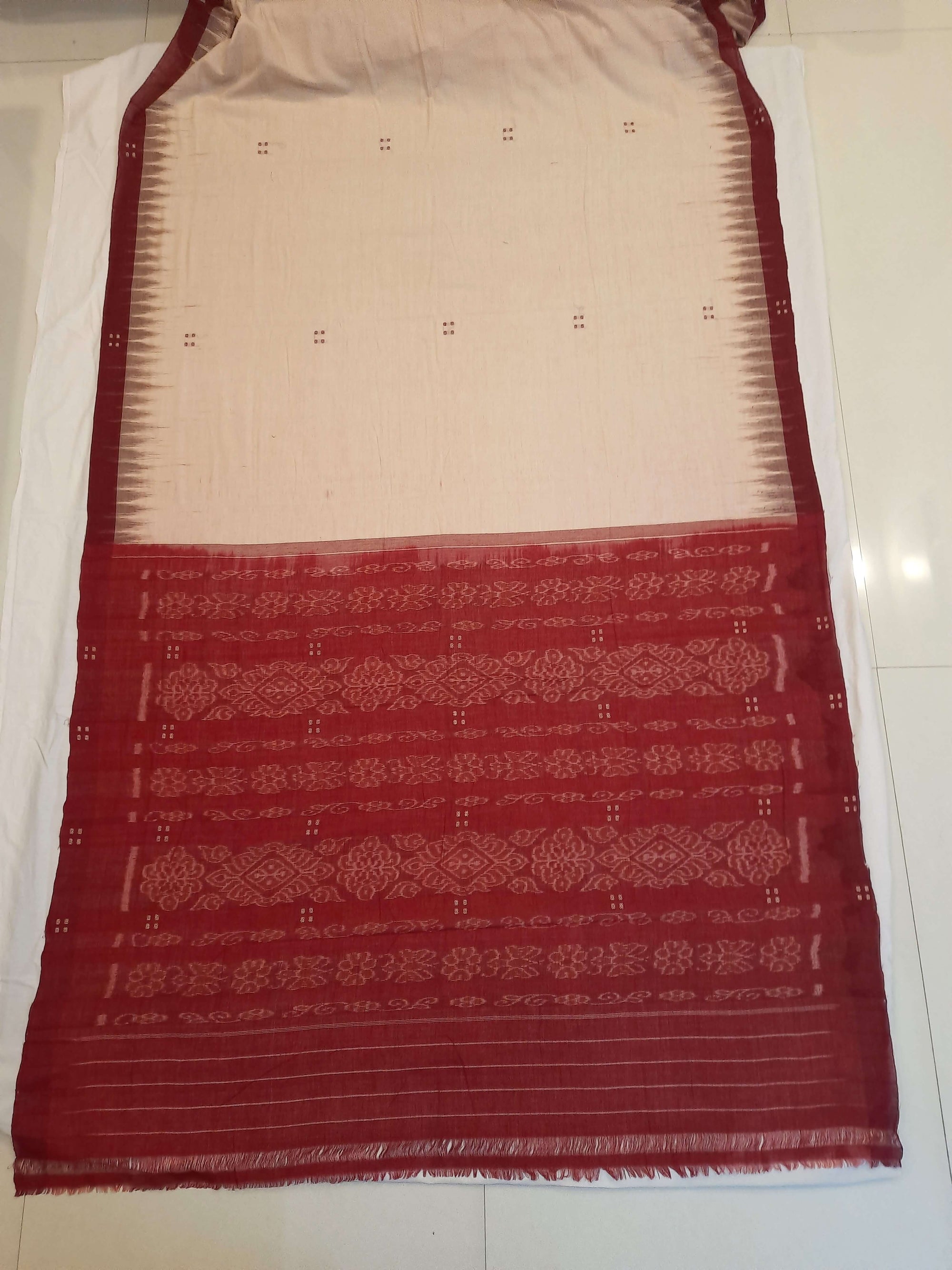 Beige with Maroon Cotton Odisha Ikat saree with mix match cotton ikat blouse