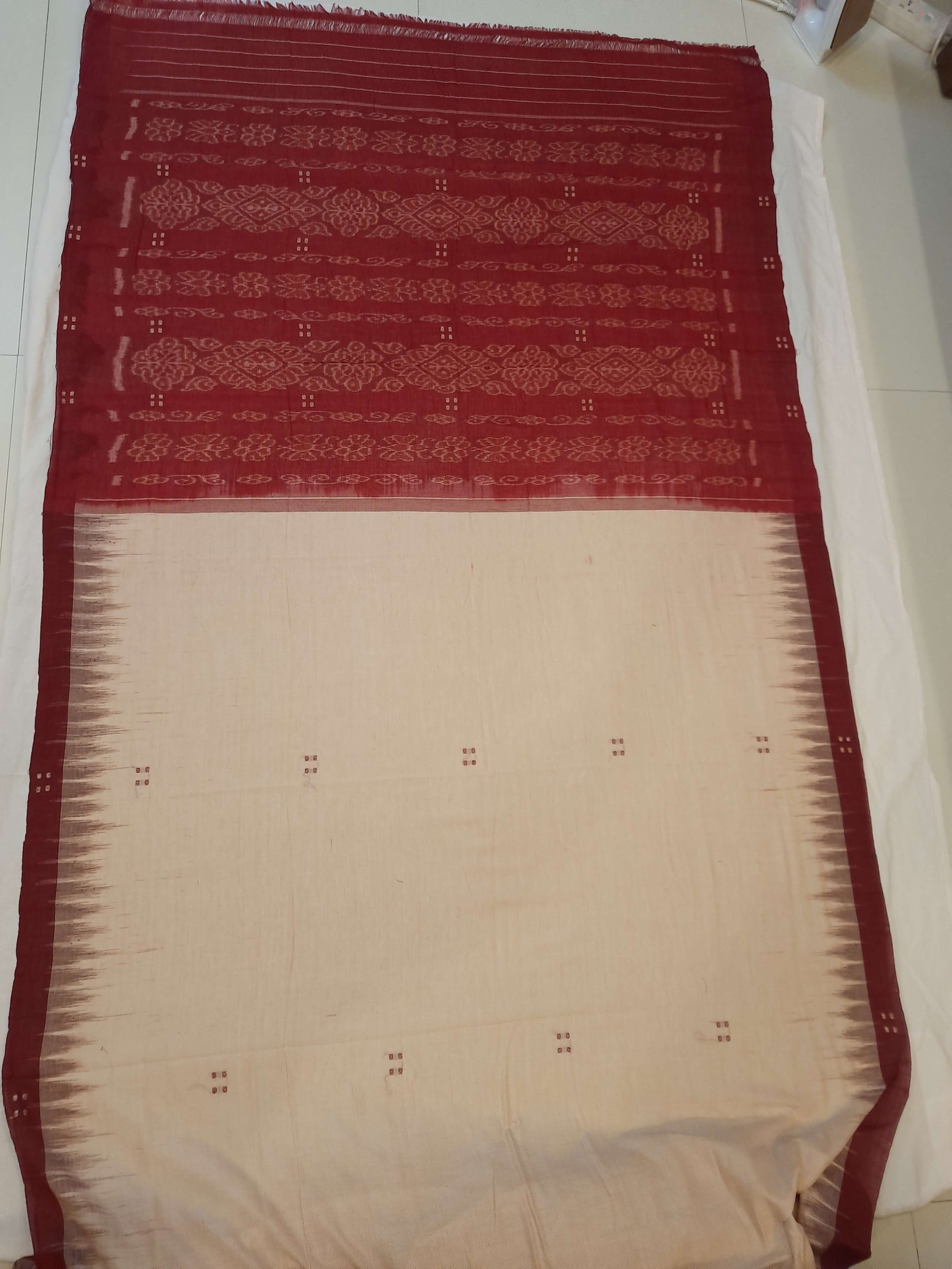 Beige with Maroon Cotton Odisha Ikat saree with mix match cotton ikat blouse