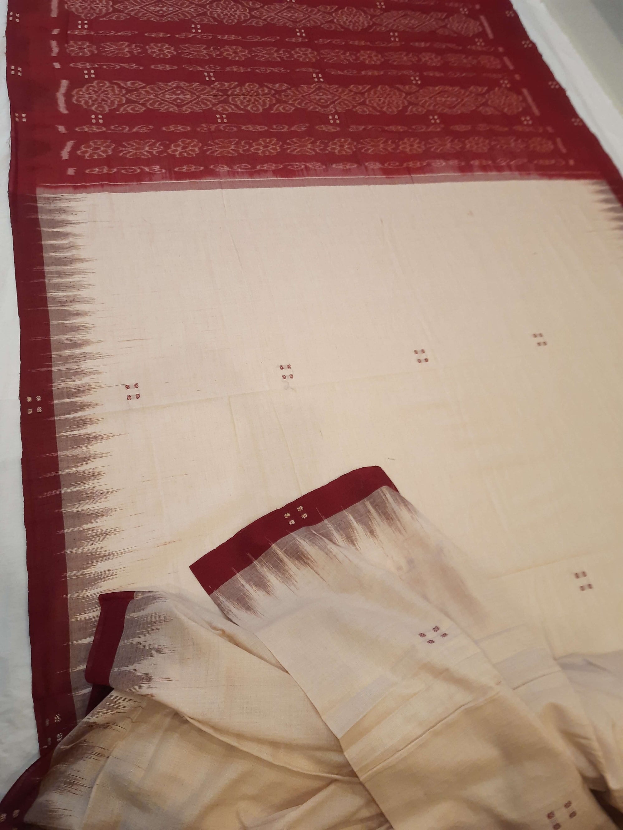 Beige with Maroon Cotton Odisha Ikat saree with mix match cotton ikat blouse