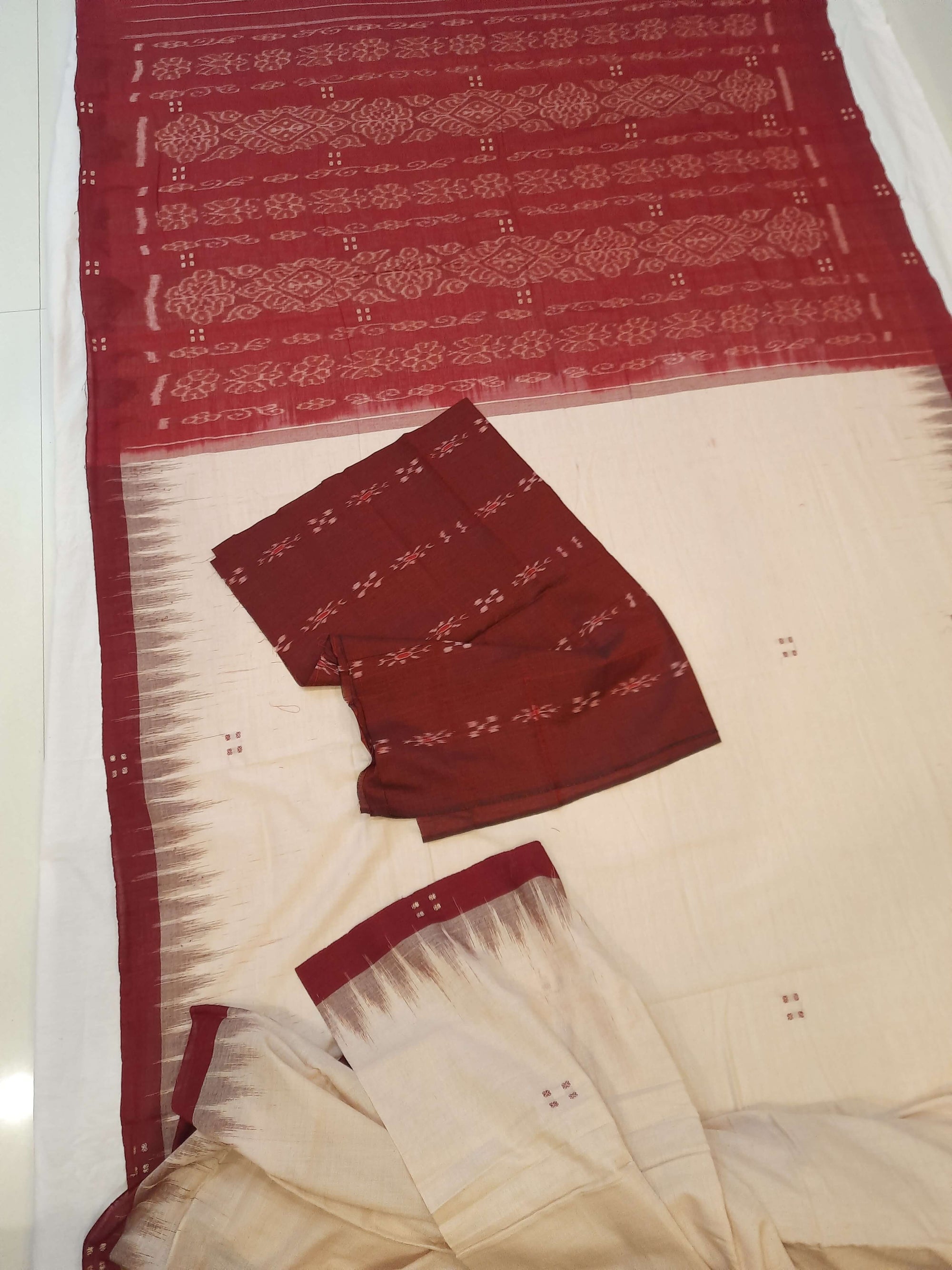 Beige with Maroon Cotton Odisha Ikat saree with mix match cotton ikat blouse