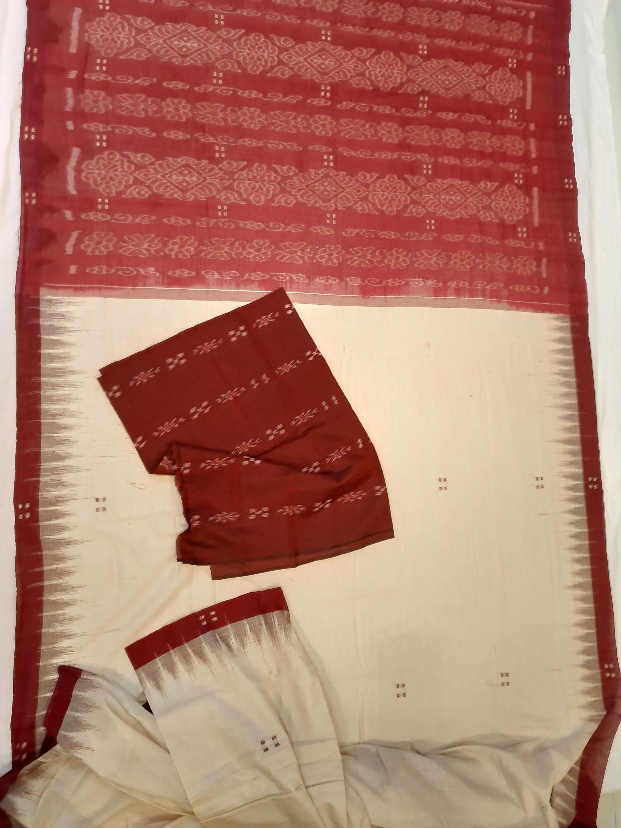 Beige with Maroon Cotton Odisha Ikat saree with mix match cotton ikat blouse