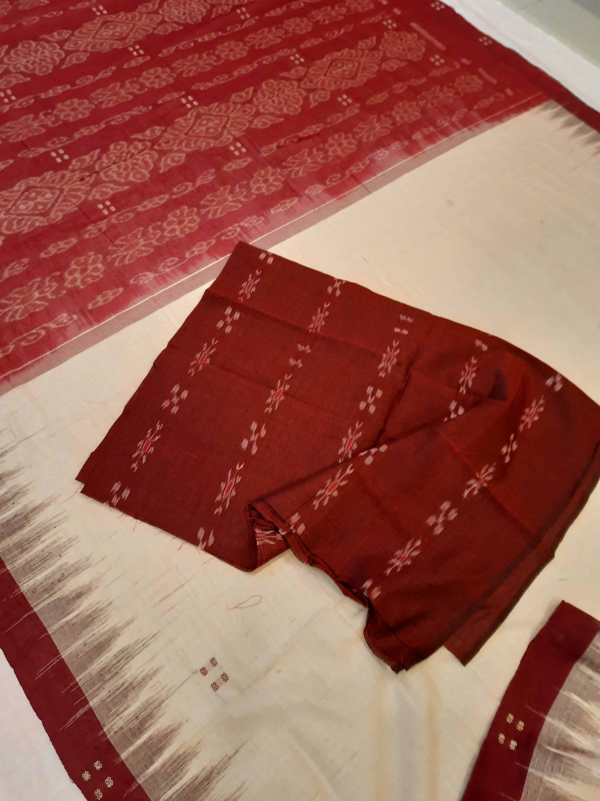 Beige with Maroon Cotton Odisha Ikat saree with mix match cotton ikat blouse
