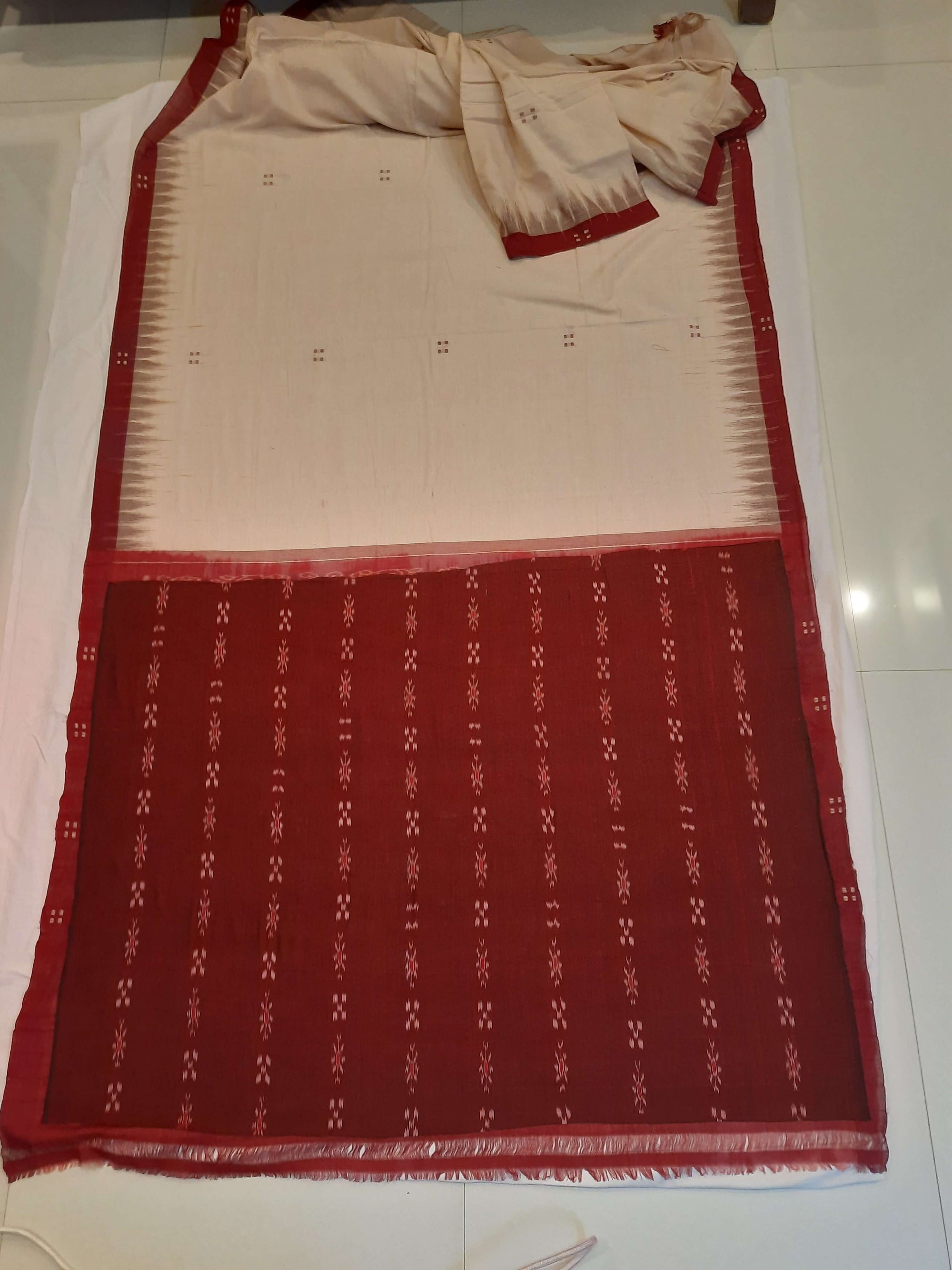 Beige with Maroon Cotton Odisha Ikat saree with mix match cotton ikat blouse