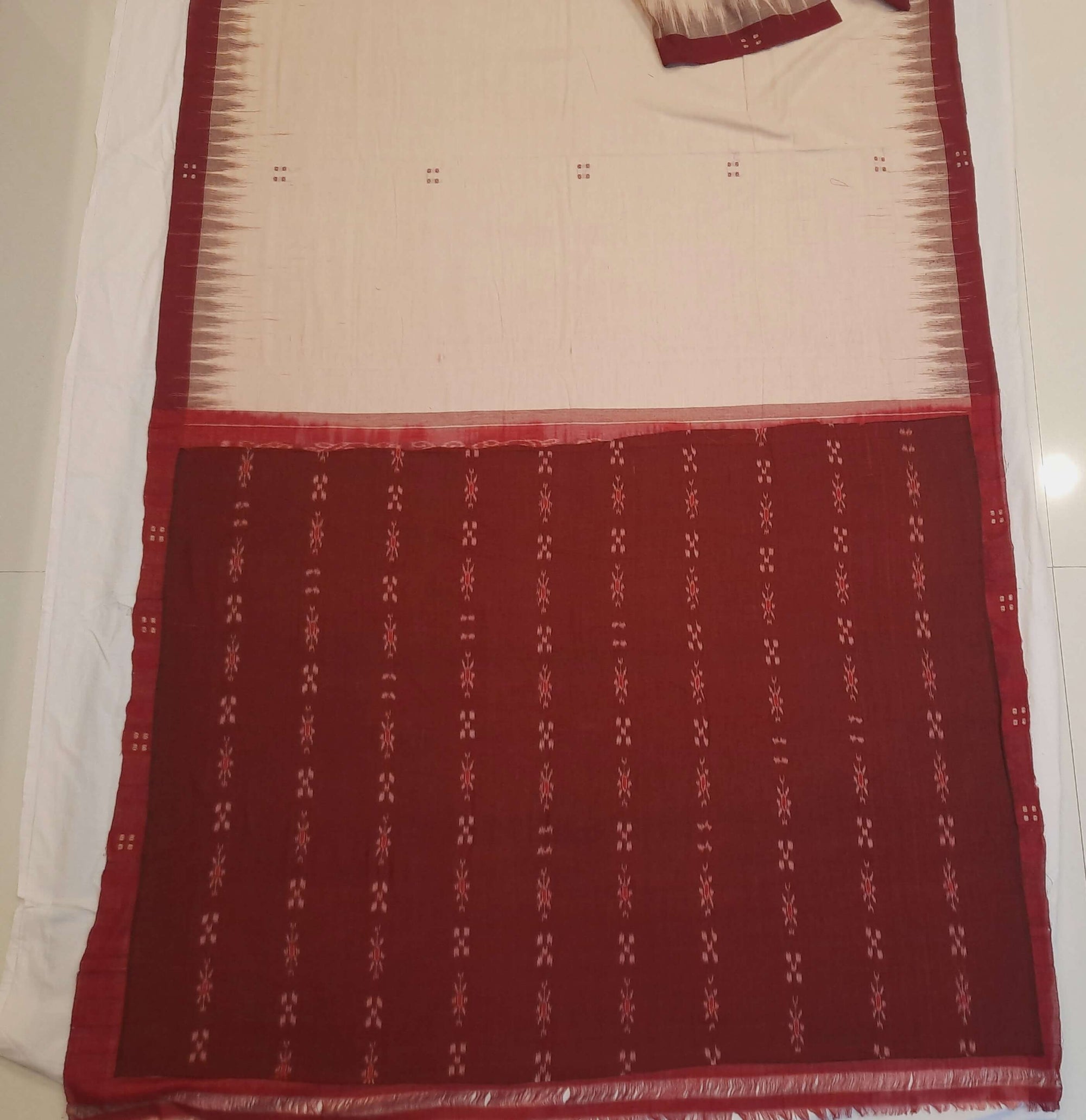 Beige with Maroon Cotton Odisha Ikat saree with mix match cotton ikat blouse