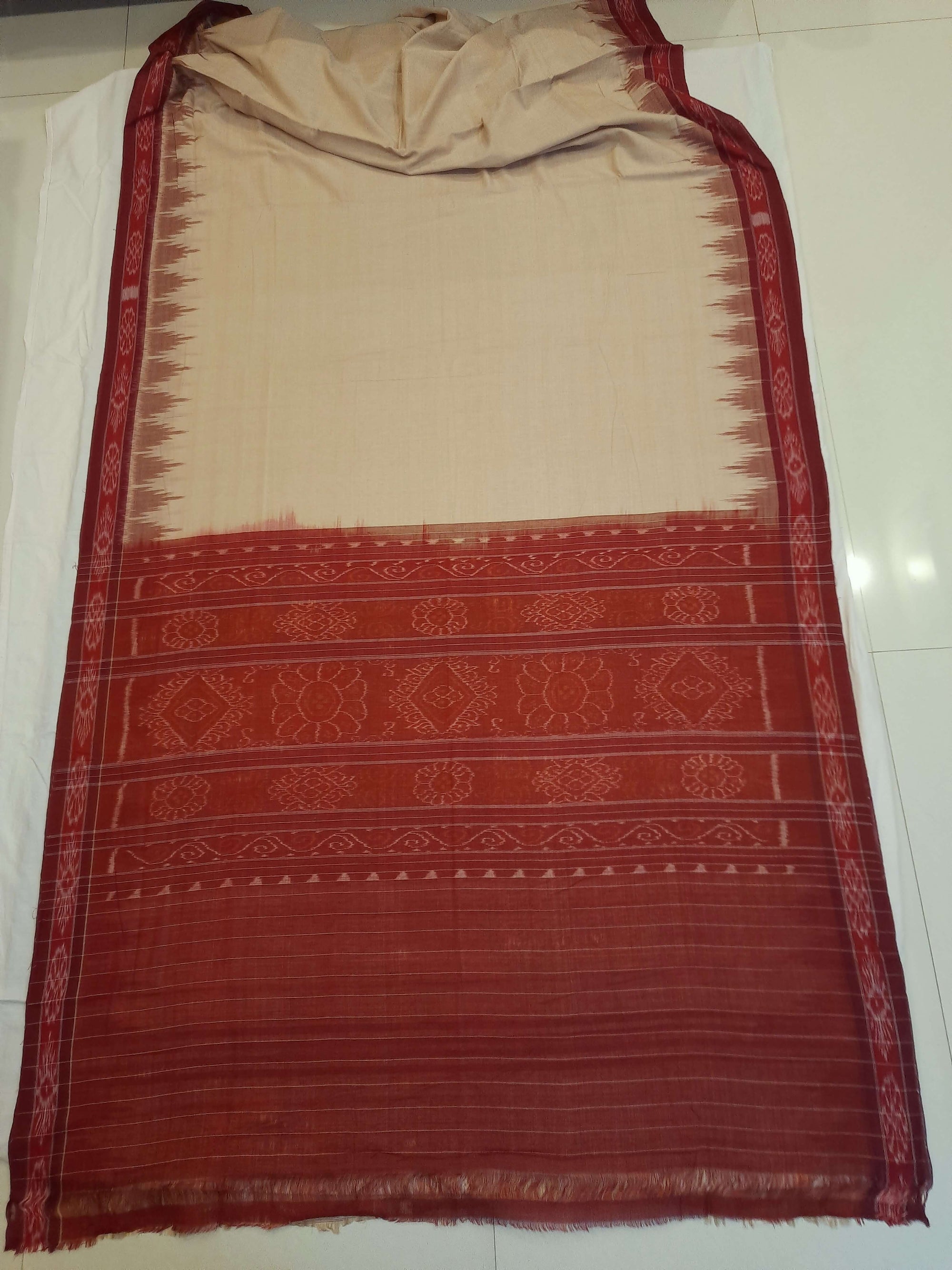 Beige with Maroon Odisha Ikat saree with cotton ikat blouse piece