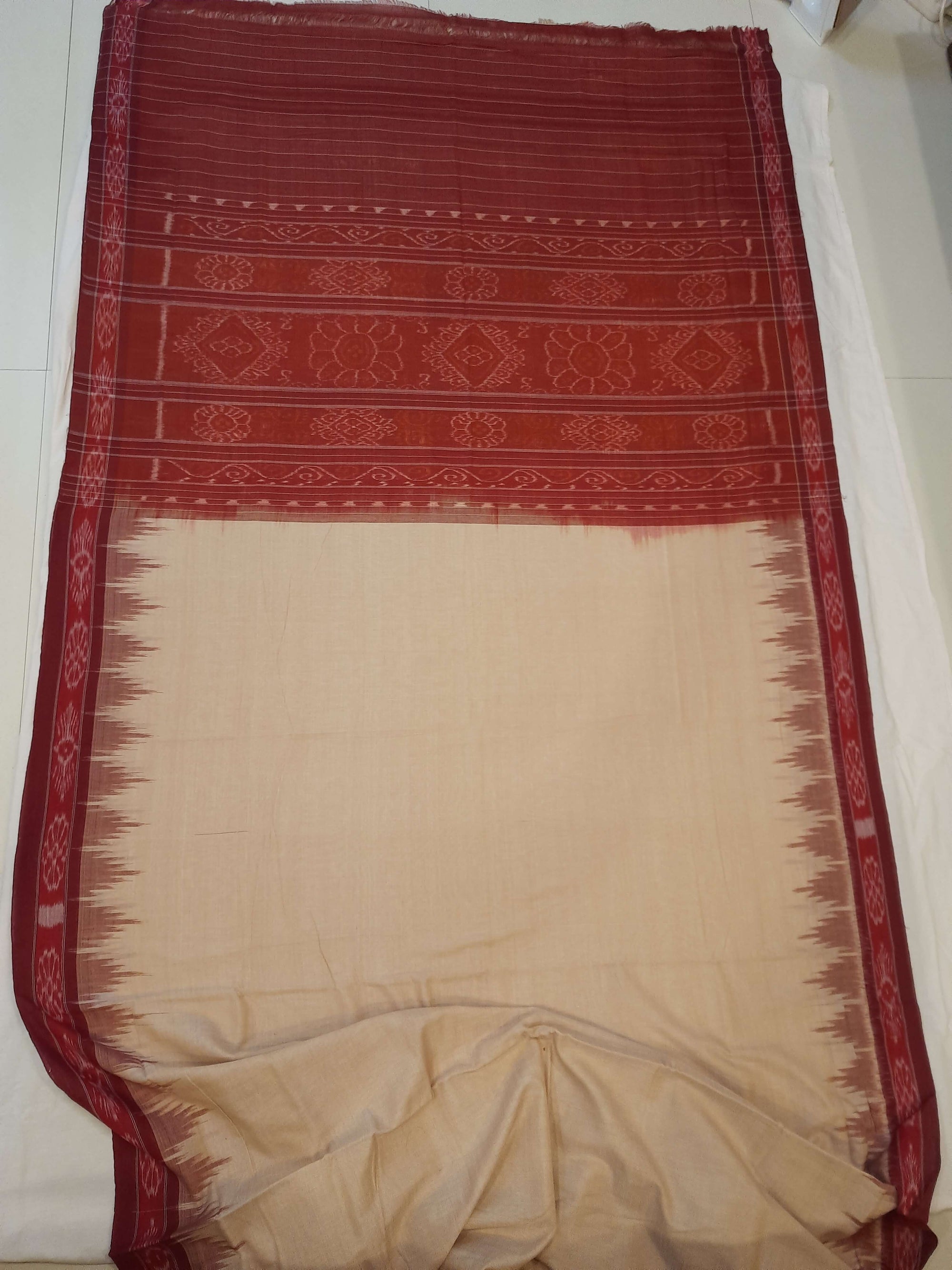 Beige with Maroon Odisha Ikat saree with cotton ikat blouse piece