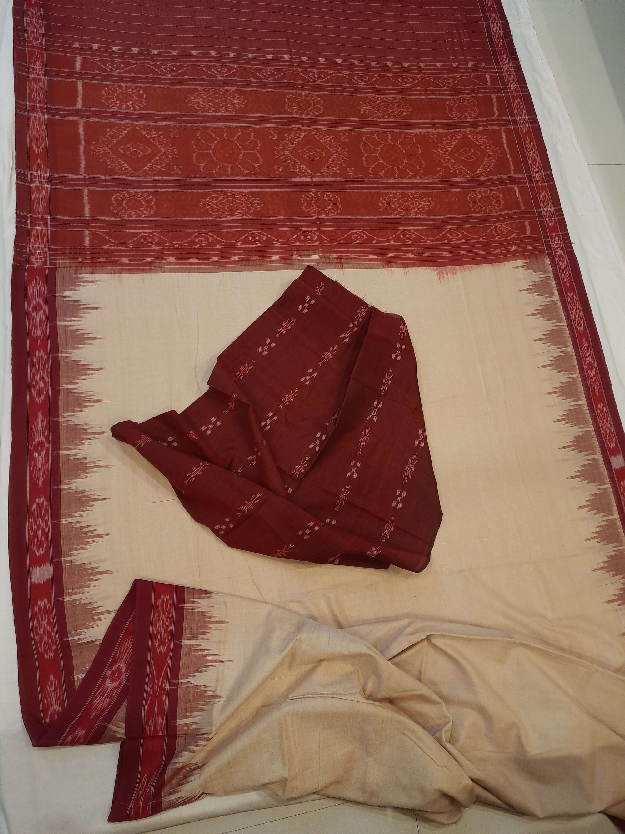 Beige with Maroon Odisha Ikat saree with cotton ikat blouse piece