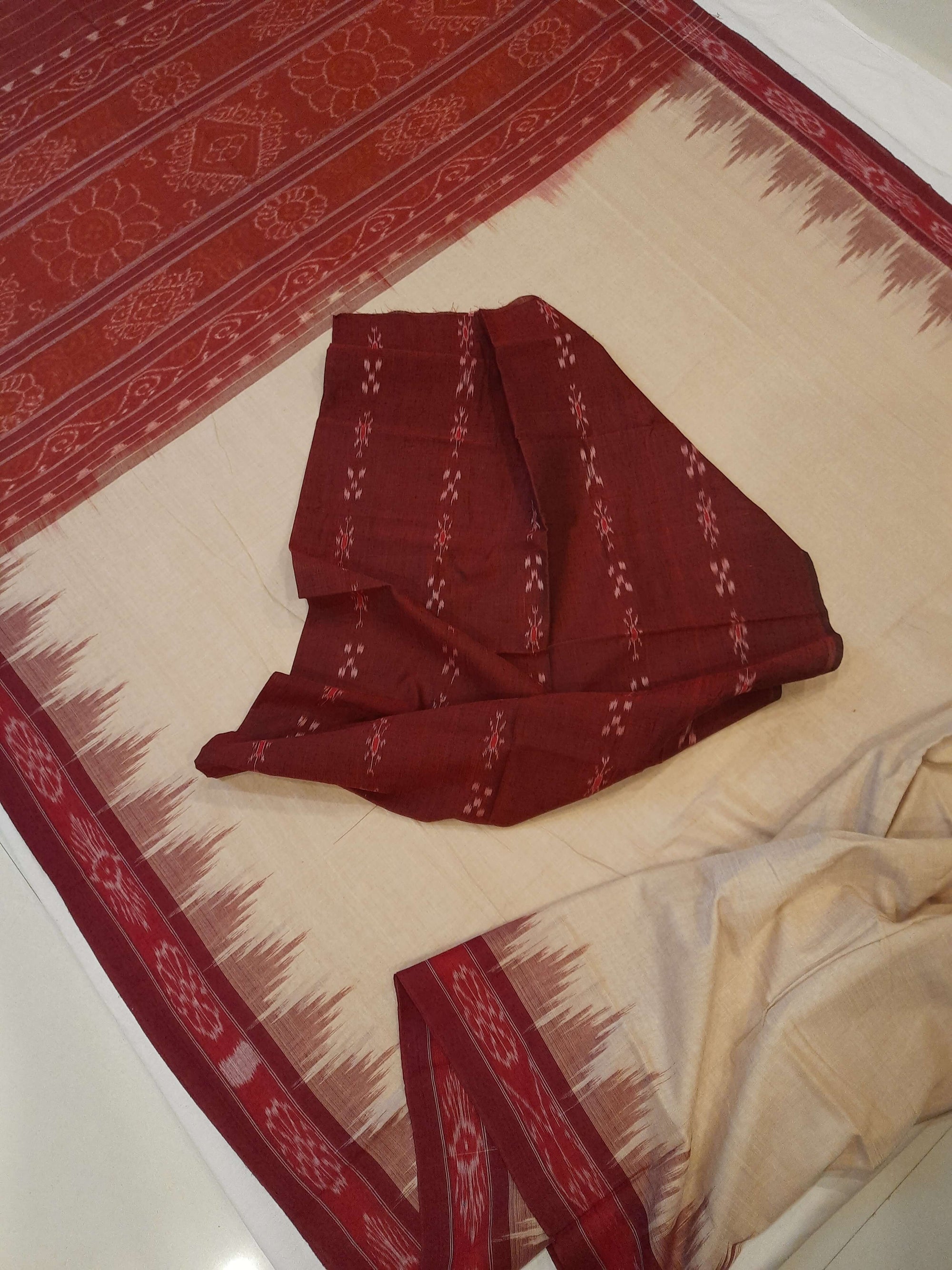 Beige with Maroon Odisha Ikat saree with cotton ikat blouse piece