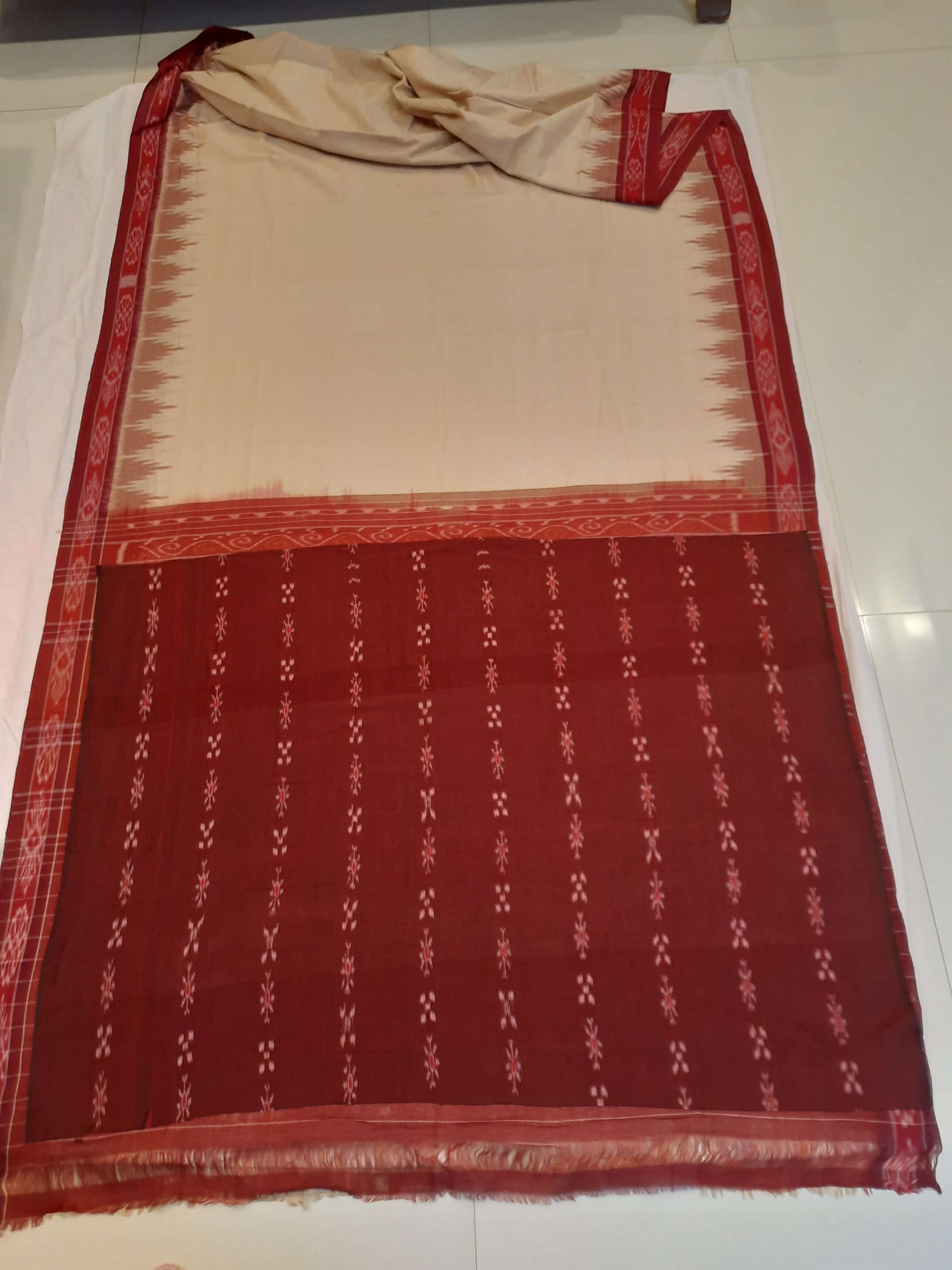 Beige with Maroon Odisha Ikat saree with cotton ikat blouse piece