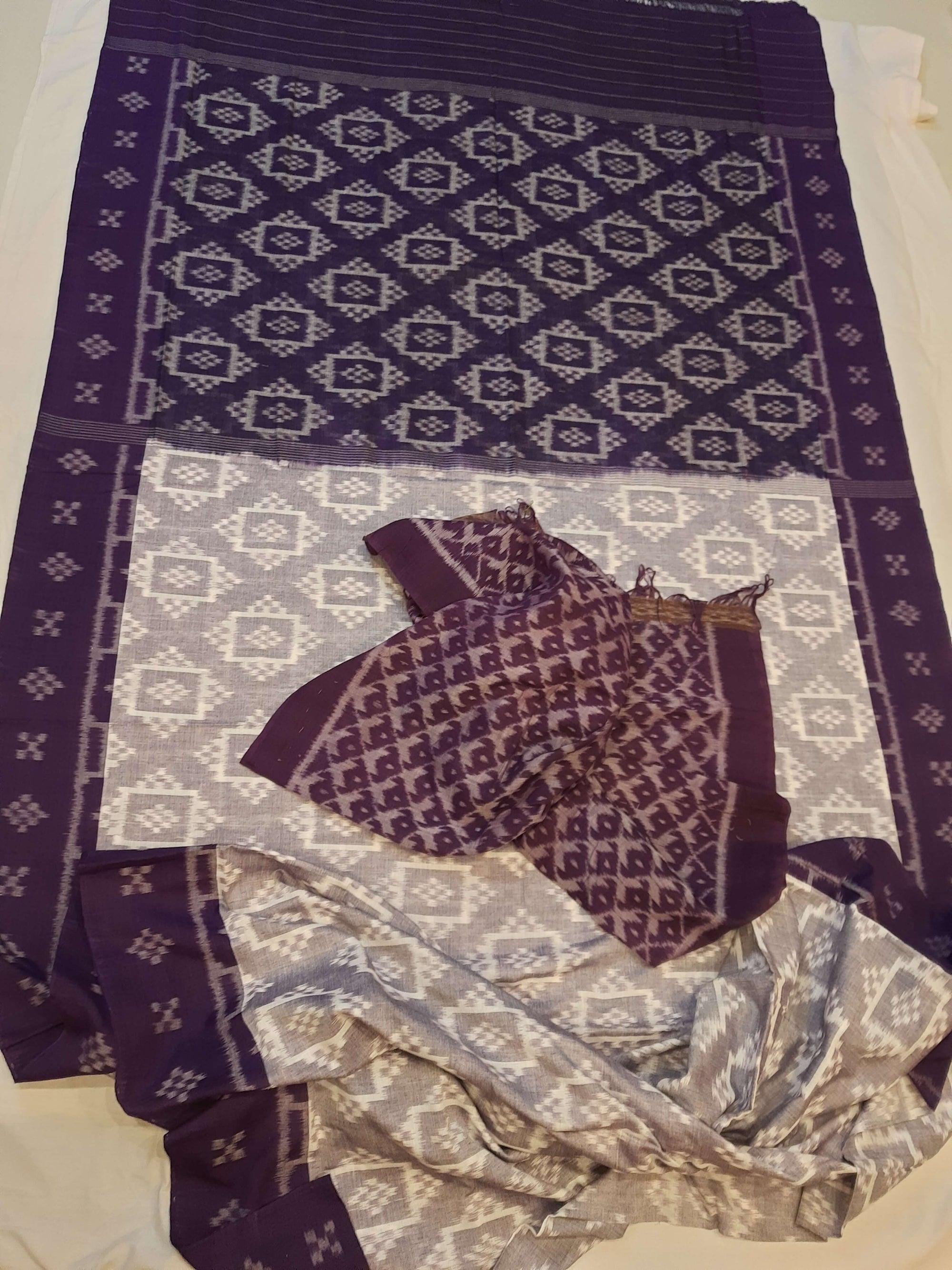 Offwhite with Purple Odisha Ikat saree with cotton ikat blouse piece