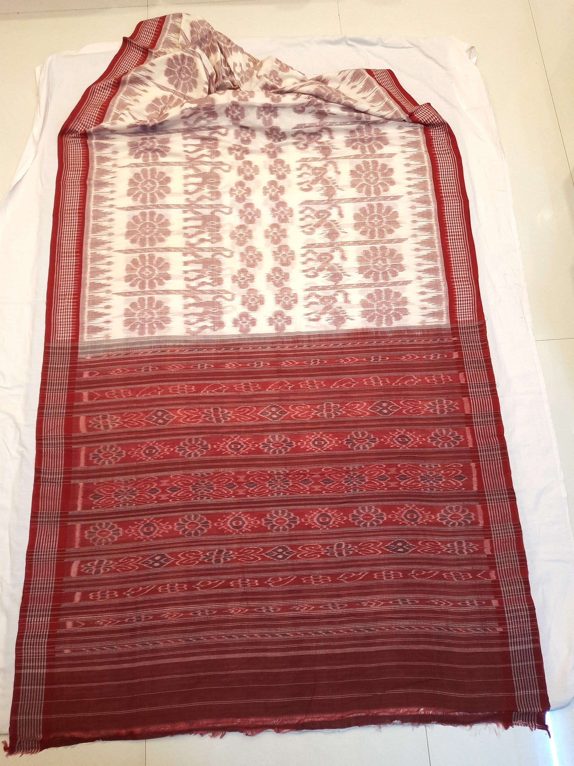 Beige with Maroon Khandua cotton ikat Saree with mix match red cotton Ikat blouse