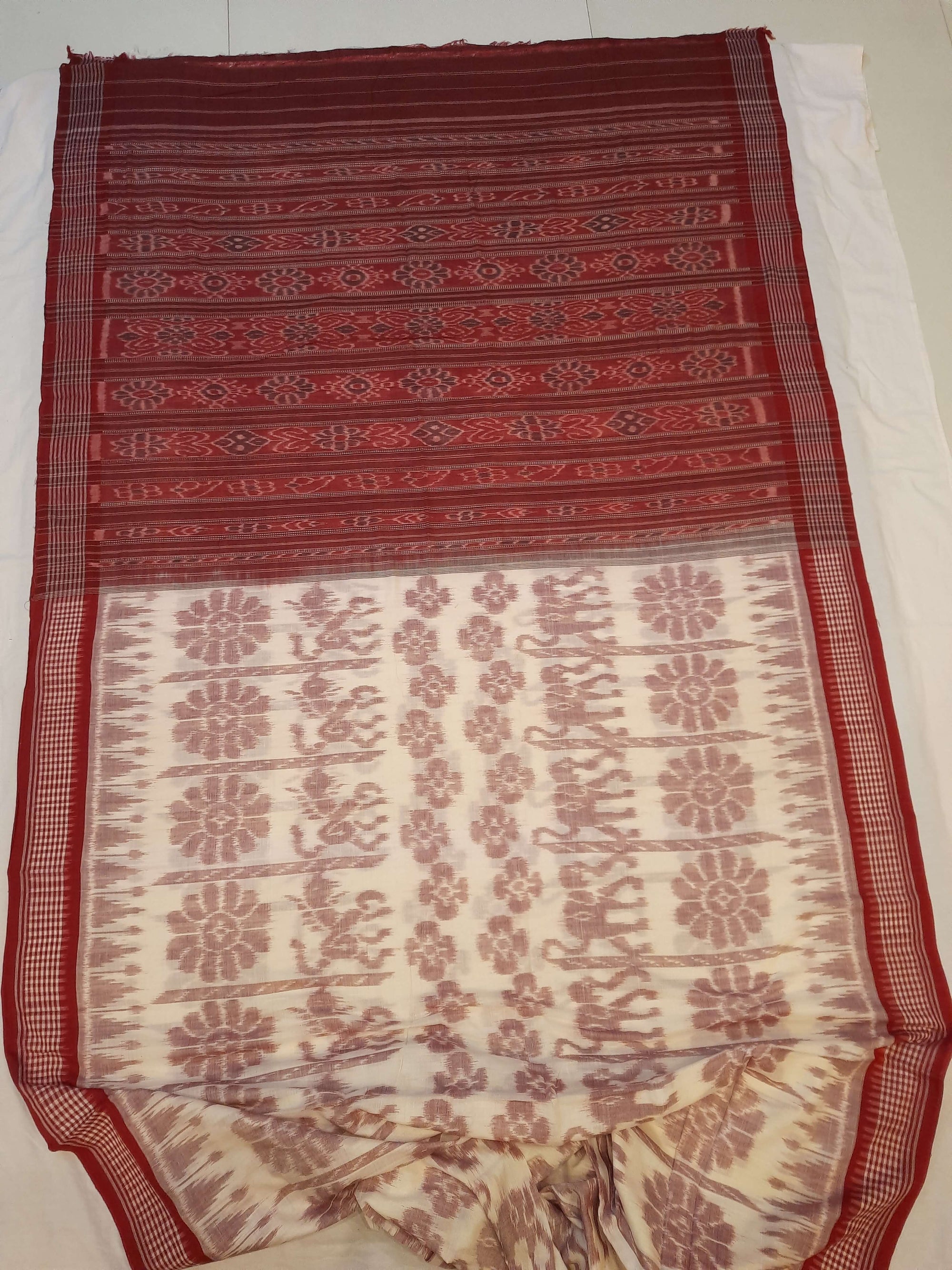 Beige with Maroon Khandua cotton ikat Saree with mix match red cotton Ikat blouse