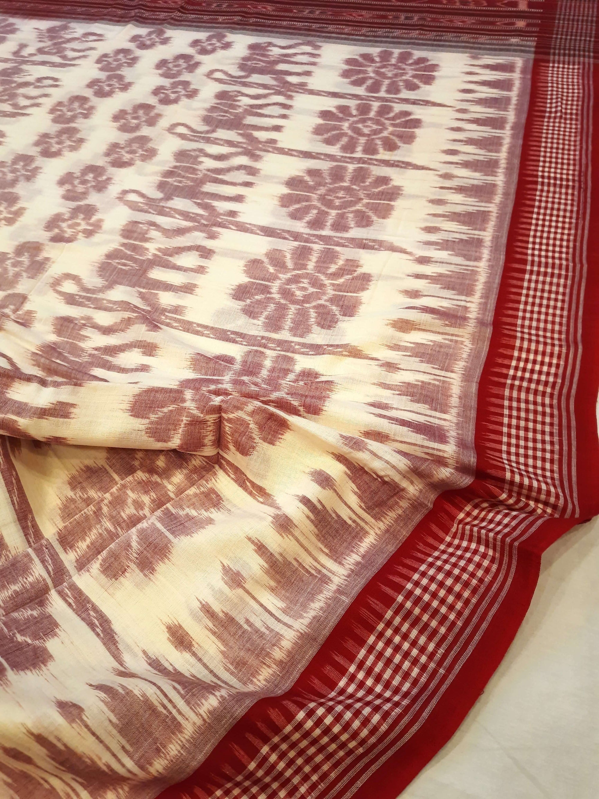 Beige with Maroon Khandua cotton ikat Saree with mix match red cotton Ikat blouse