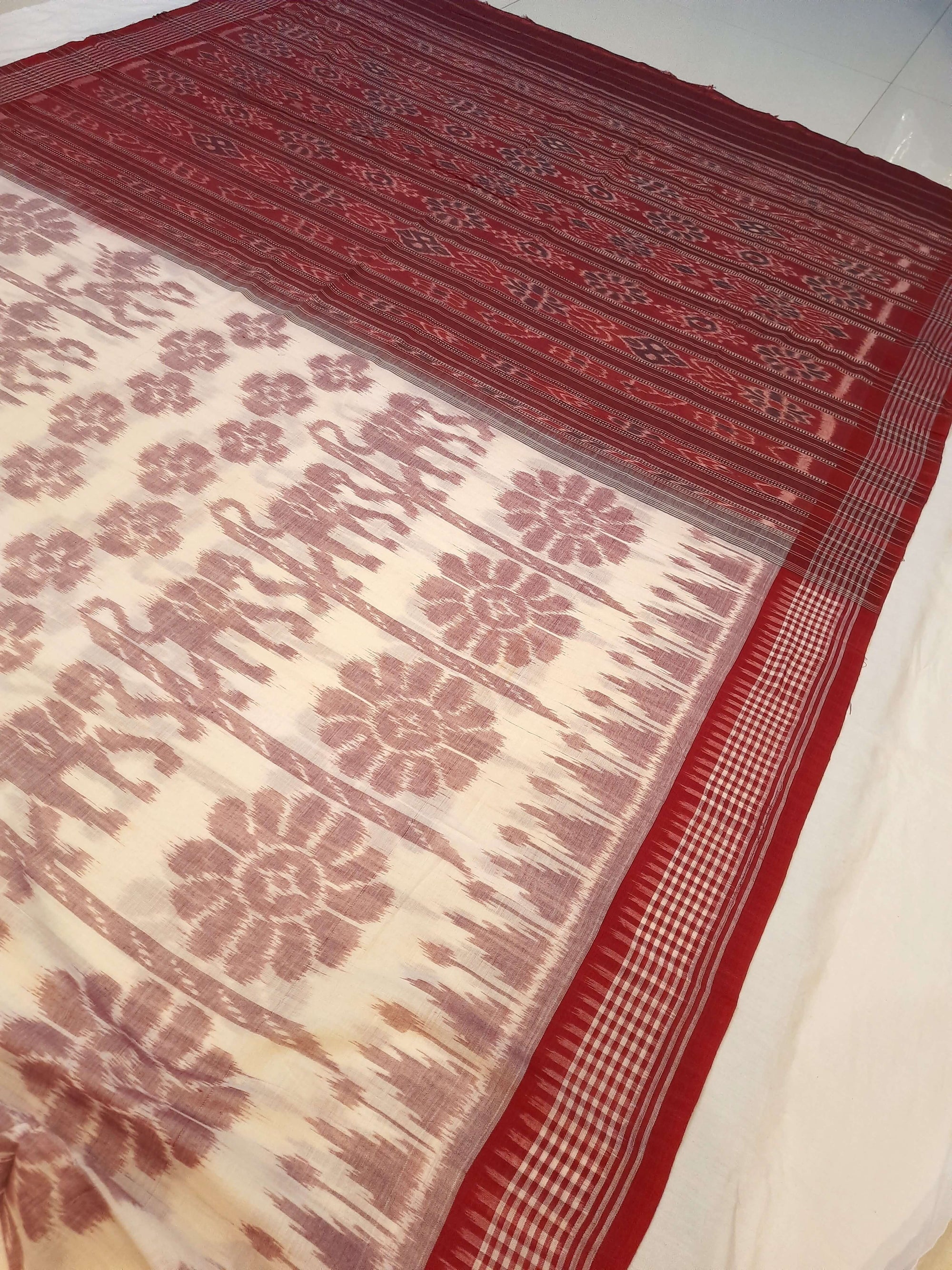 Beige with Maroon Khandua cotton ikat Saree with mix match red cotton Ikat blouse