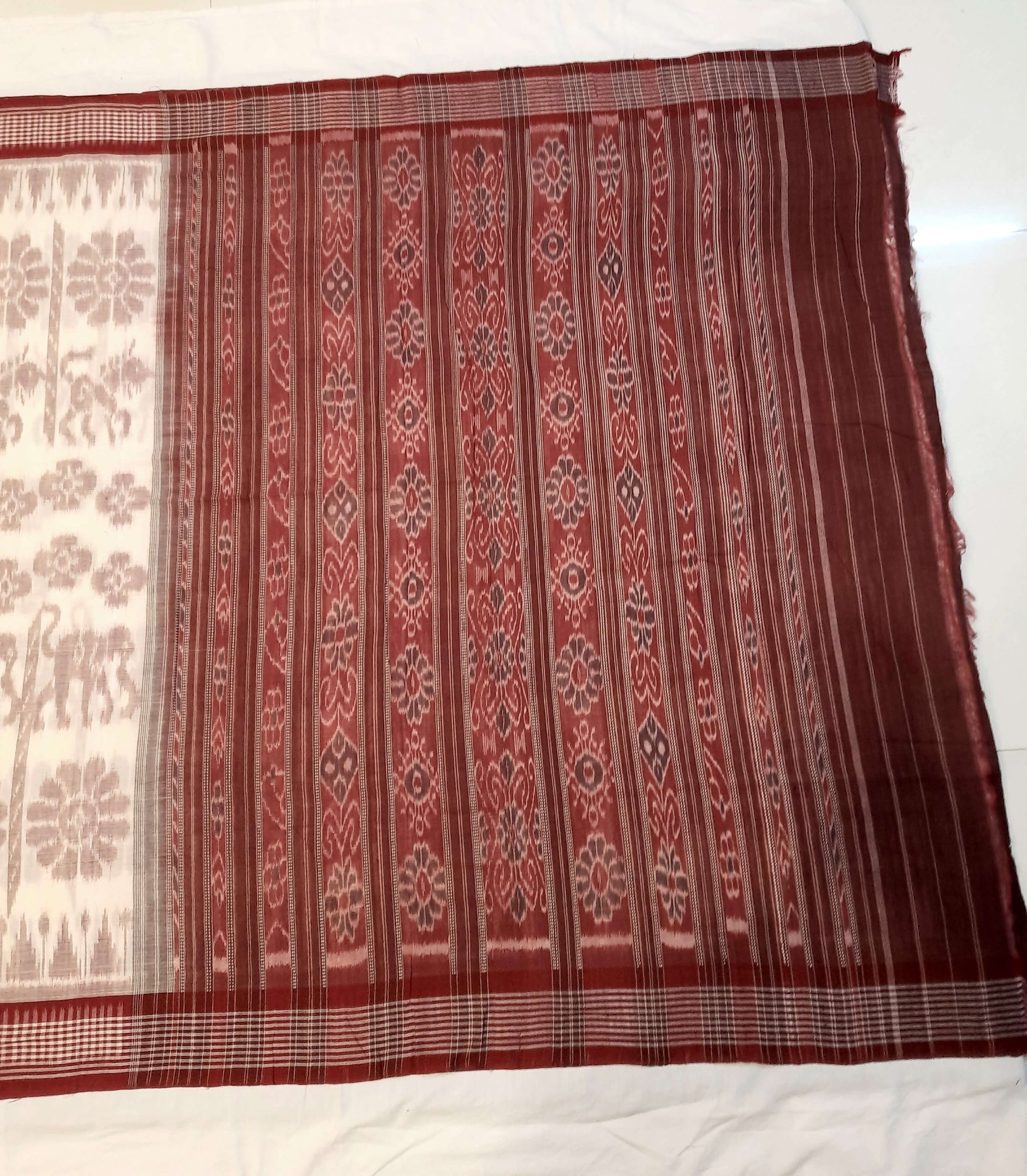 Beige with Maroon Khandua cotton ikat Saree with mix match red cotton Ikat blouse