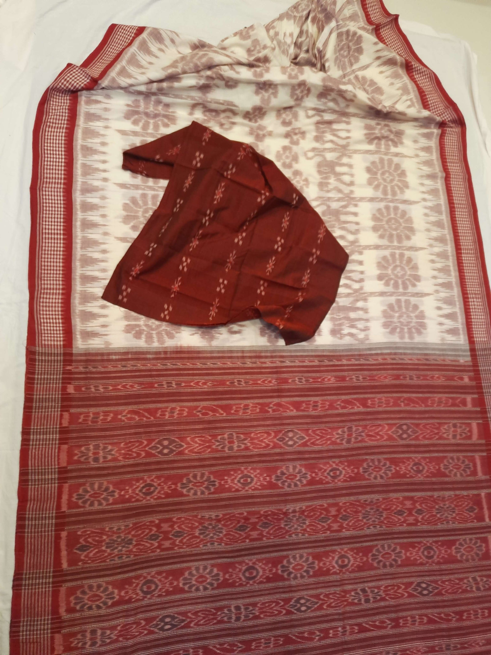 Beige with Maroon Khandua cotton ikat Saree with mix match red cotton Ikat blouse